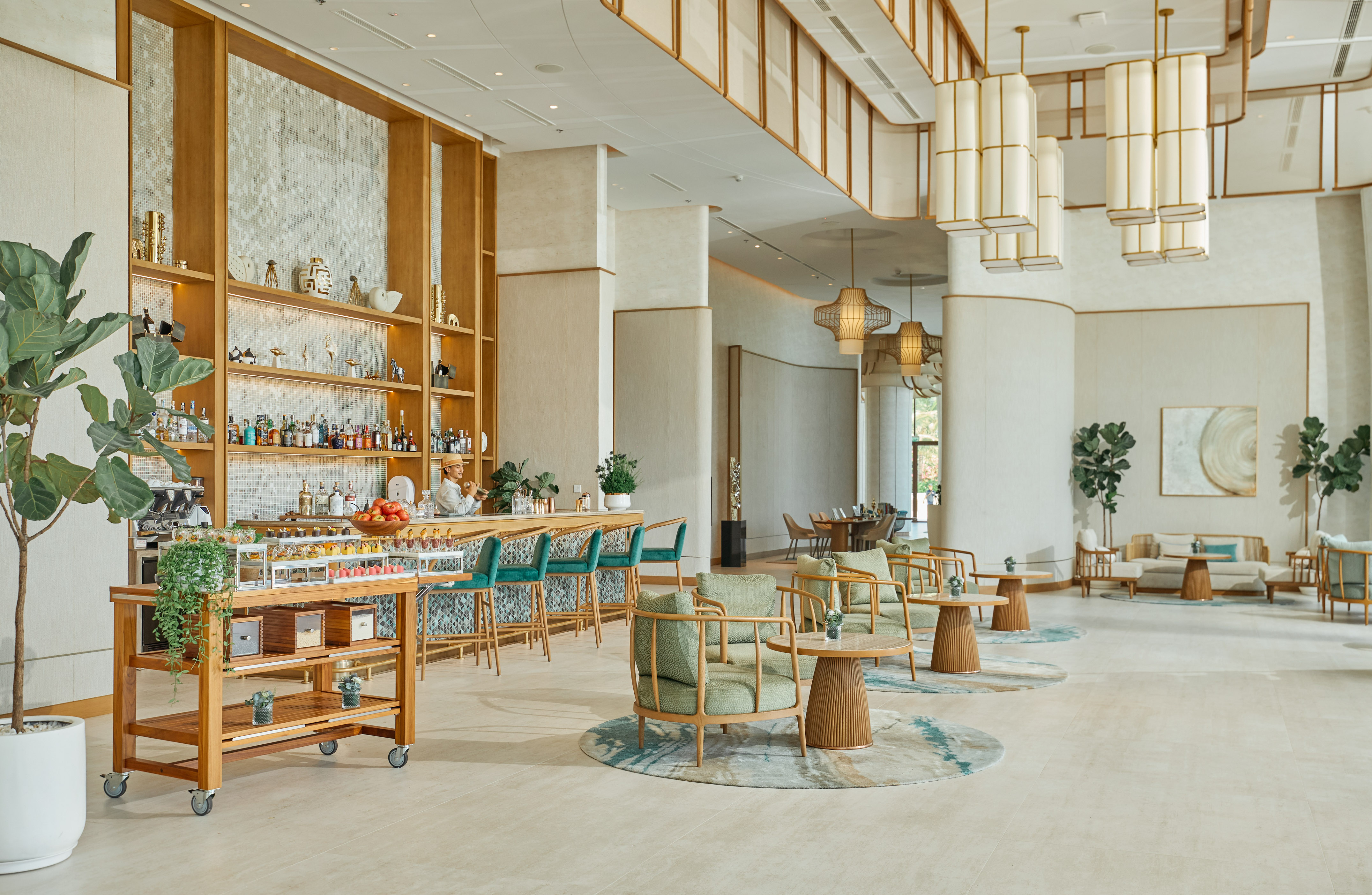 Hotel lounge bar with modern design, stylish seating, and wooden accents.