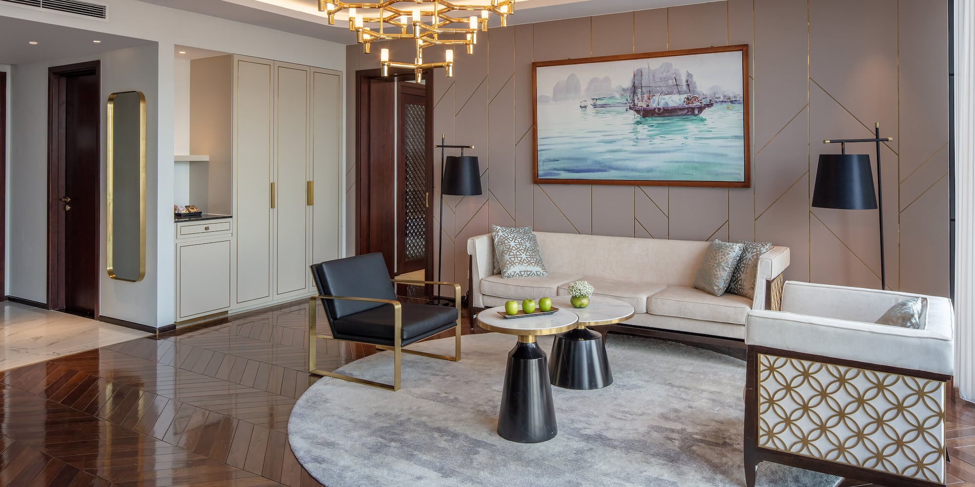 a living room with a couch and a table