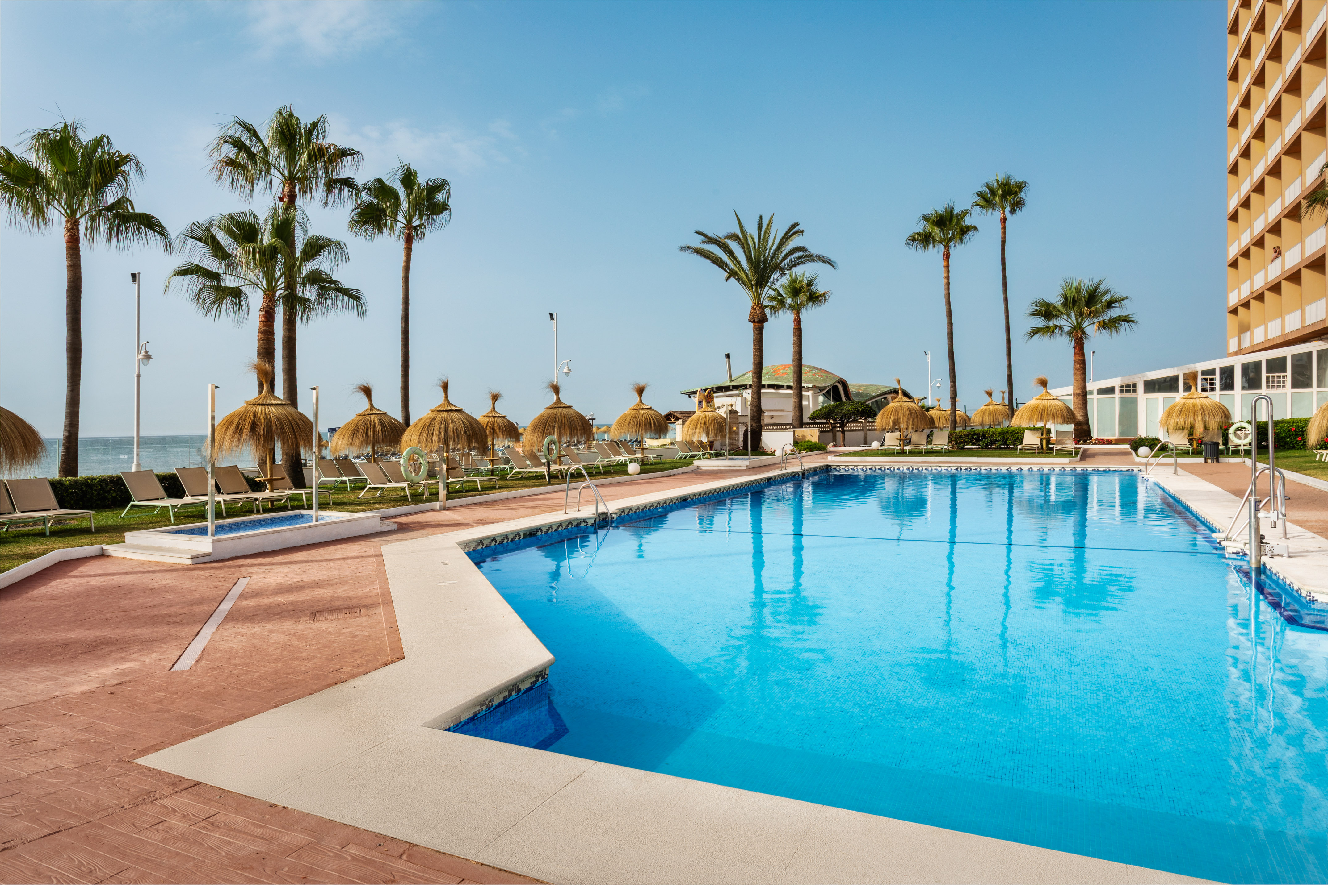 Sunny resort pool with palm trees, straw umbrellas, and hotel by the beach.