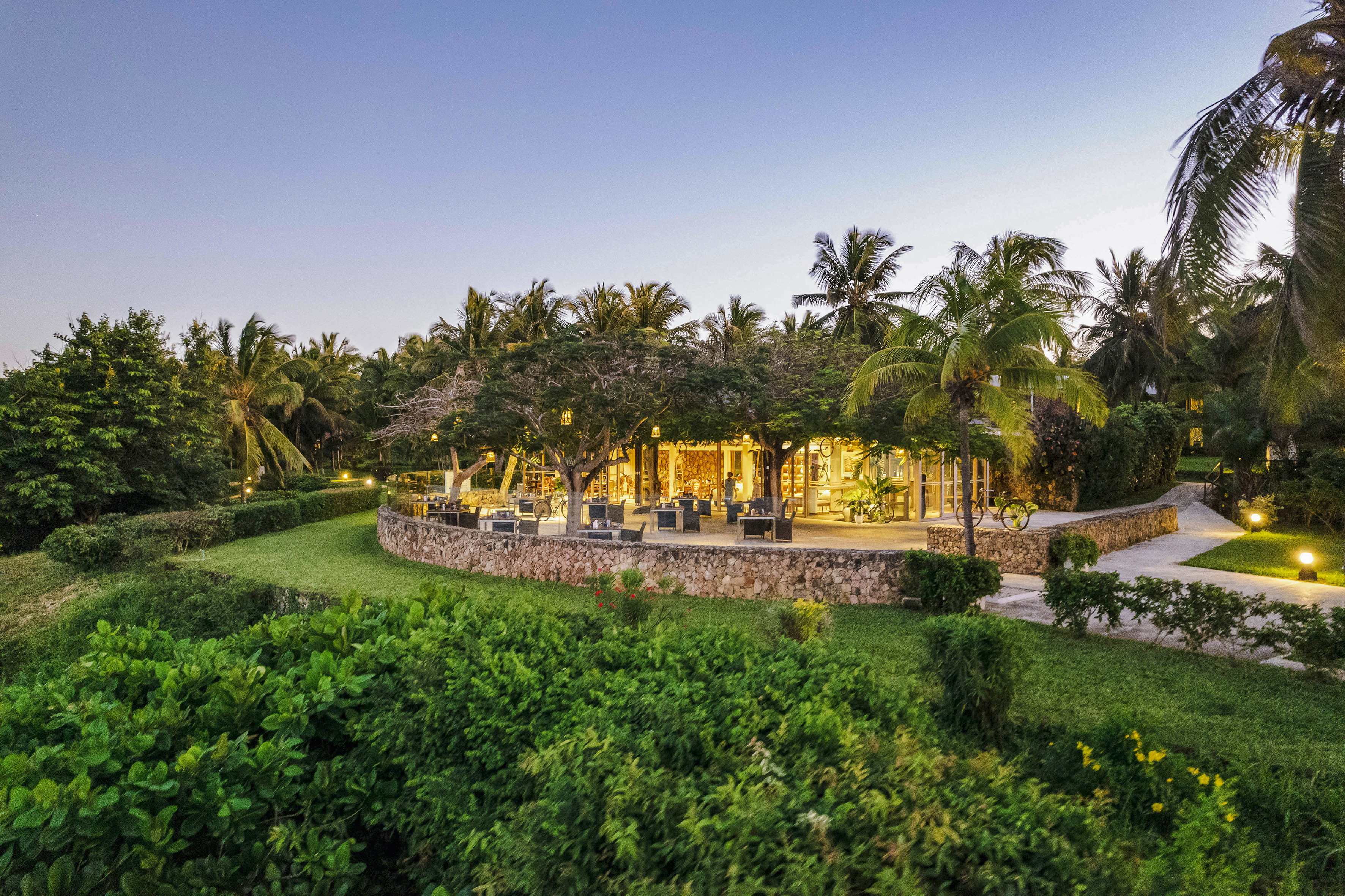 Tropical resort restaurant patio at twilight with palm trees and lush gardens.