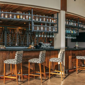 a bar with chairs and shelves in front of it