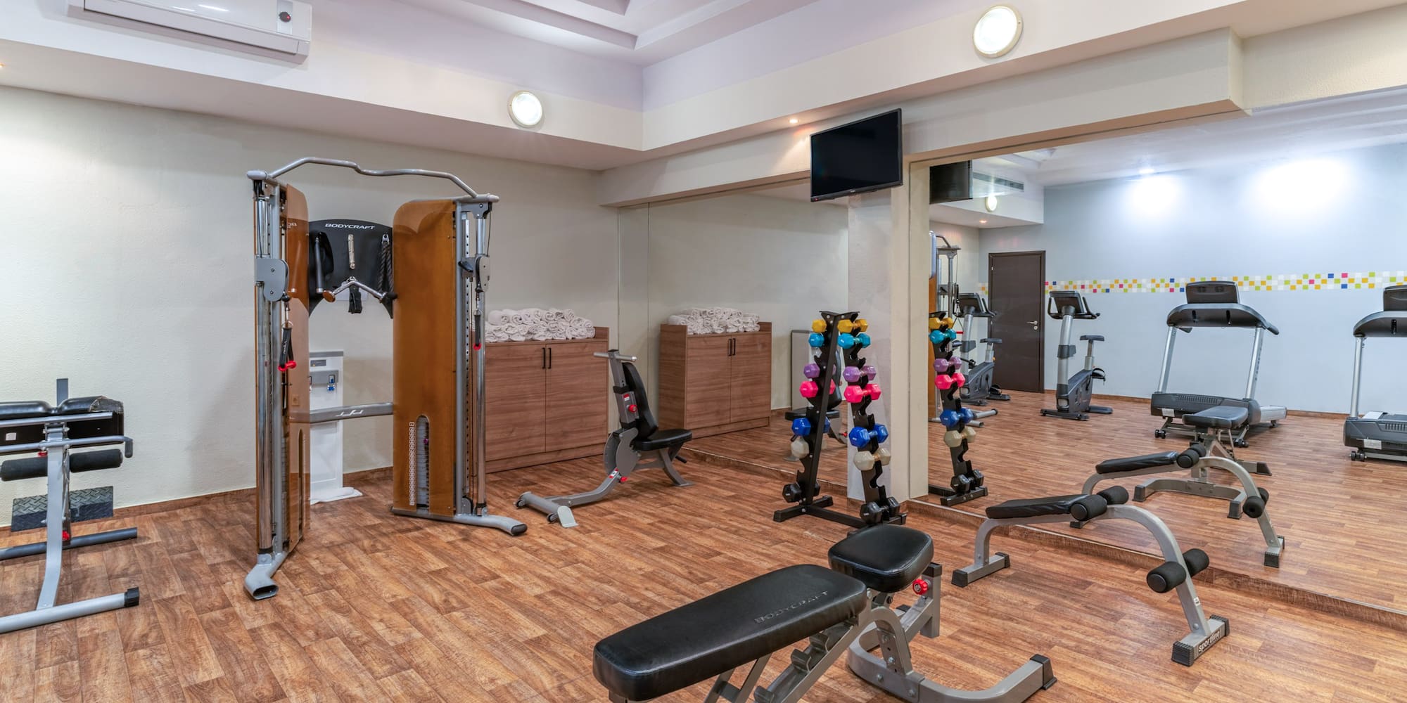 Gym with cable machine, colorful dumbbells, workout benches, and treadmills.