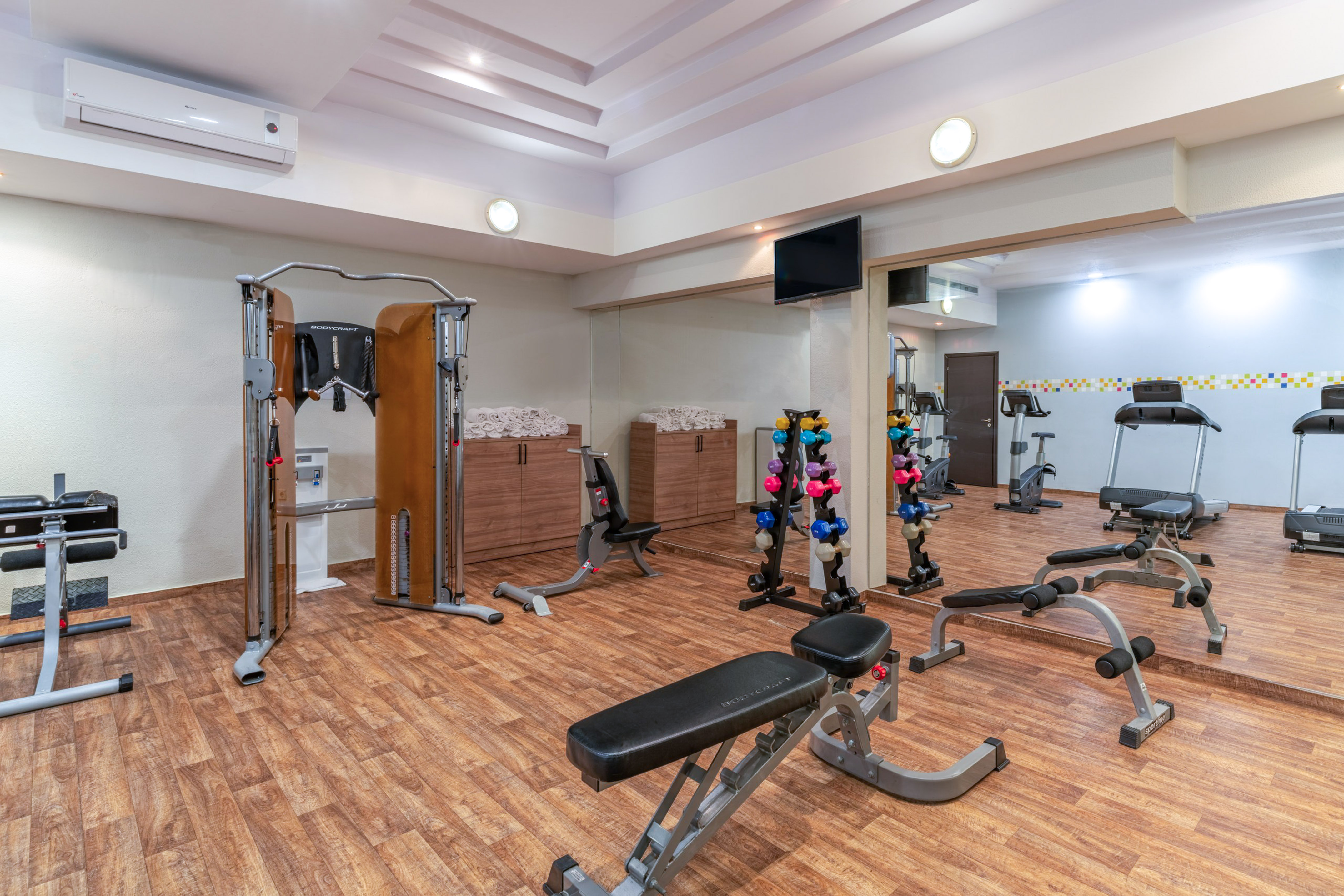 Gym with cable machine, colorful dumbbells, workout benches, and treadmills.