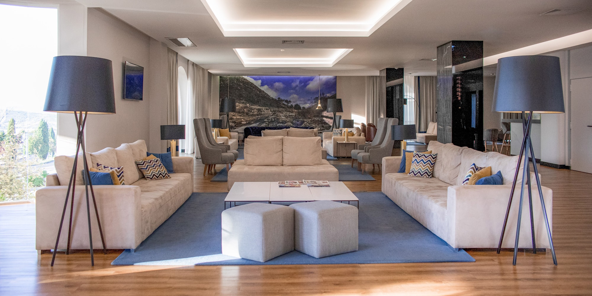 a room with couches and tables