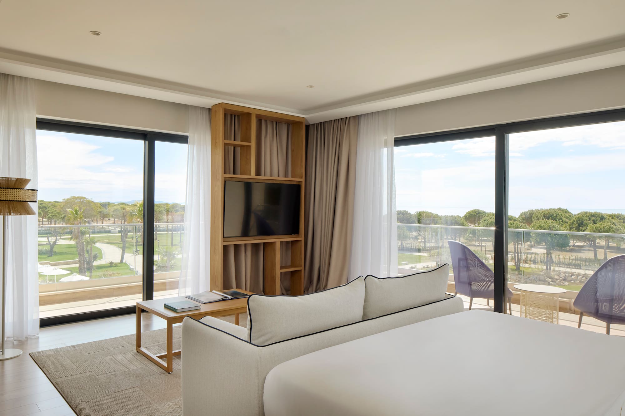 a room with a bed and a television