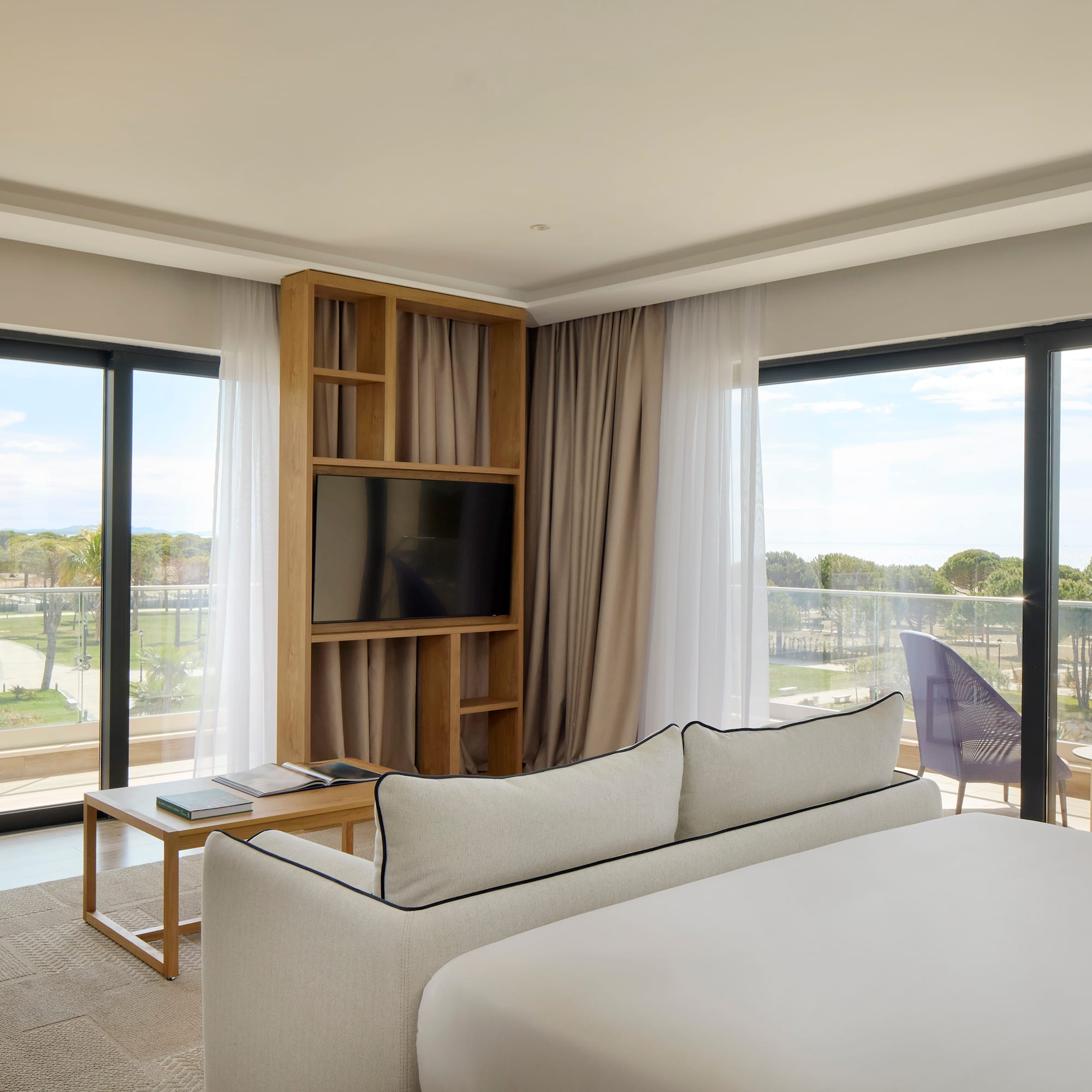 a room with a bed and a television