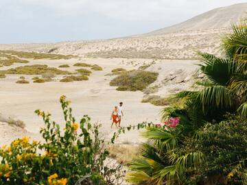 a man and woman walking in a desert