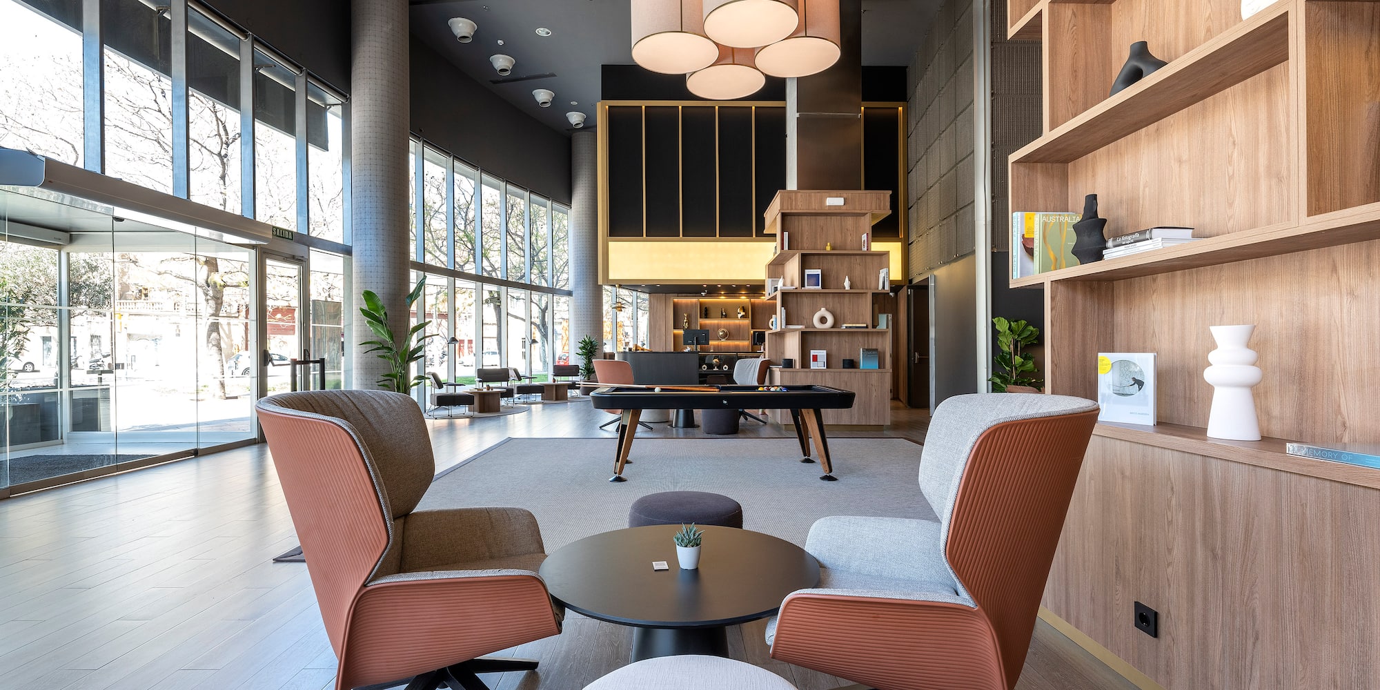 a room with a table and chairs