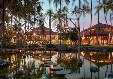 a walkways leading to a pond with palm trees