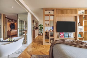 a bedroom with a tv and a bathtub