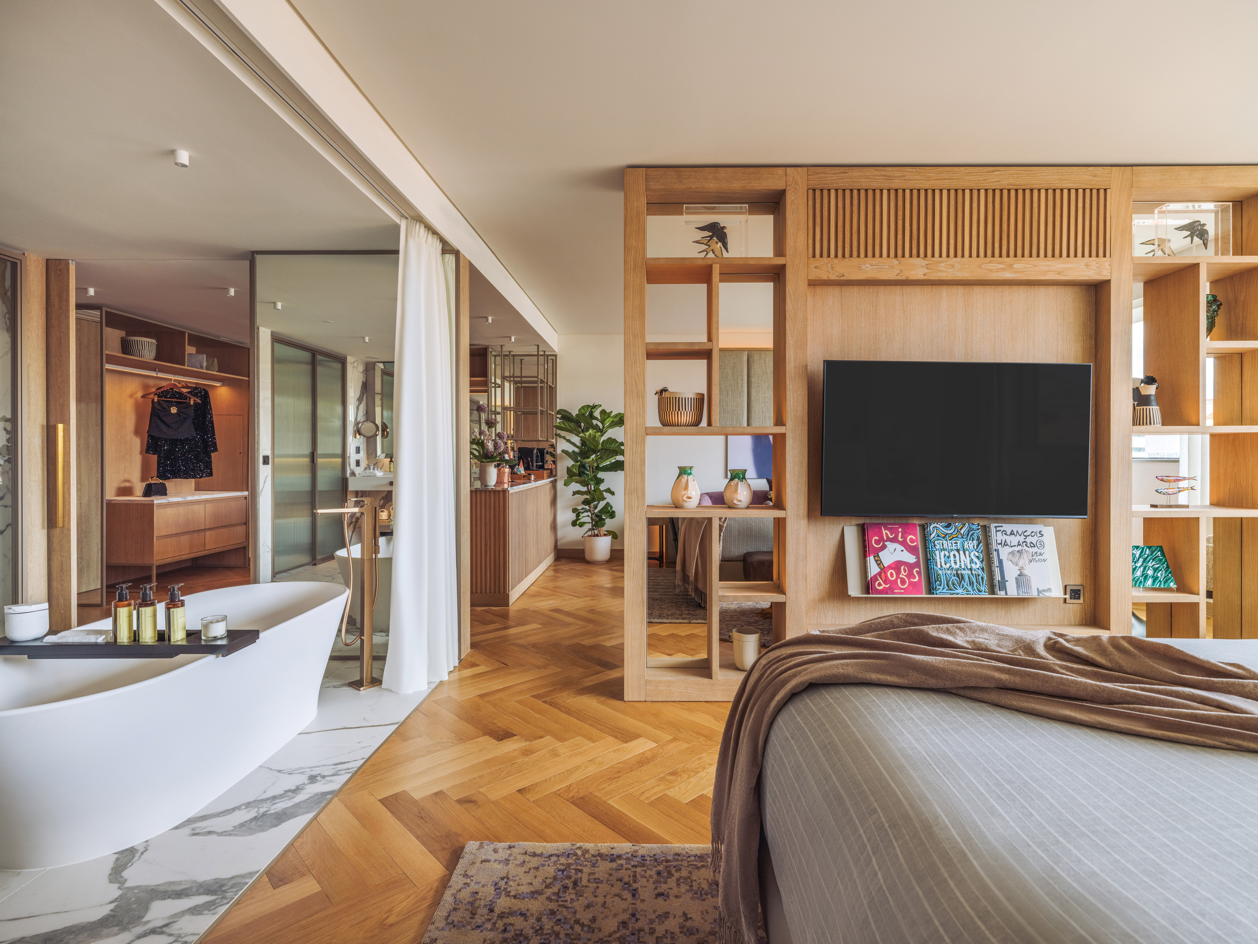 a bedroom with a tv and a bathtub