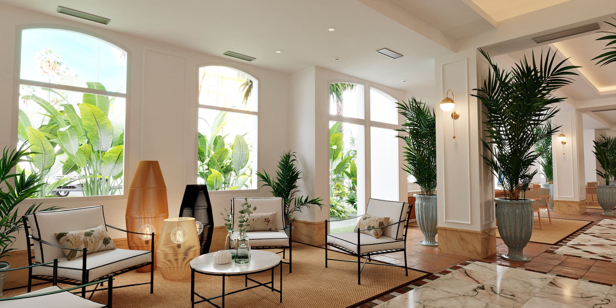 a room with white walls and white walls and a white floor with white chairs and a table with plants