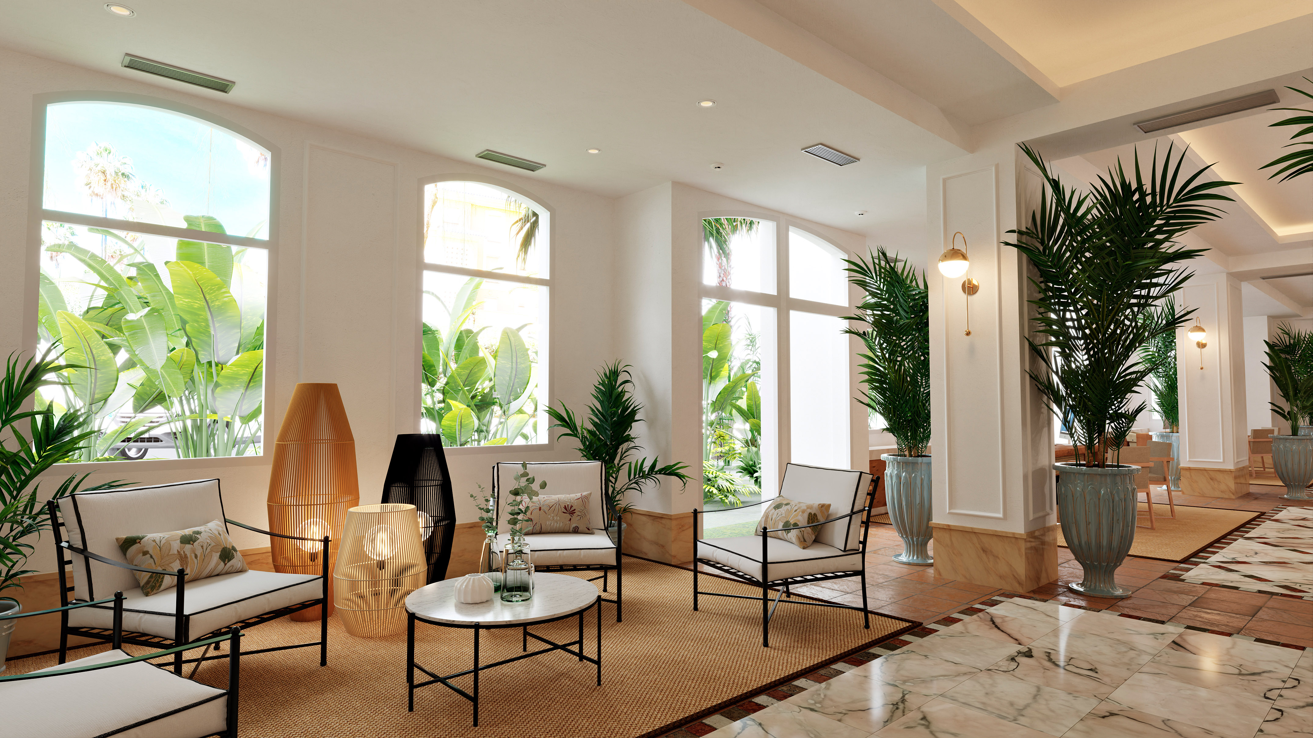 Elegant tropical lobby with modern seating, large windows, and lush greenery.