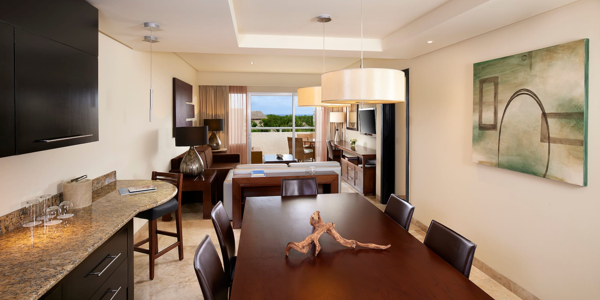 a room with a table and chairs