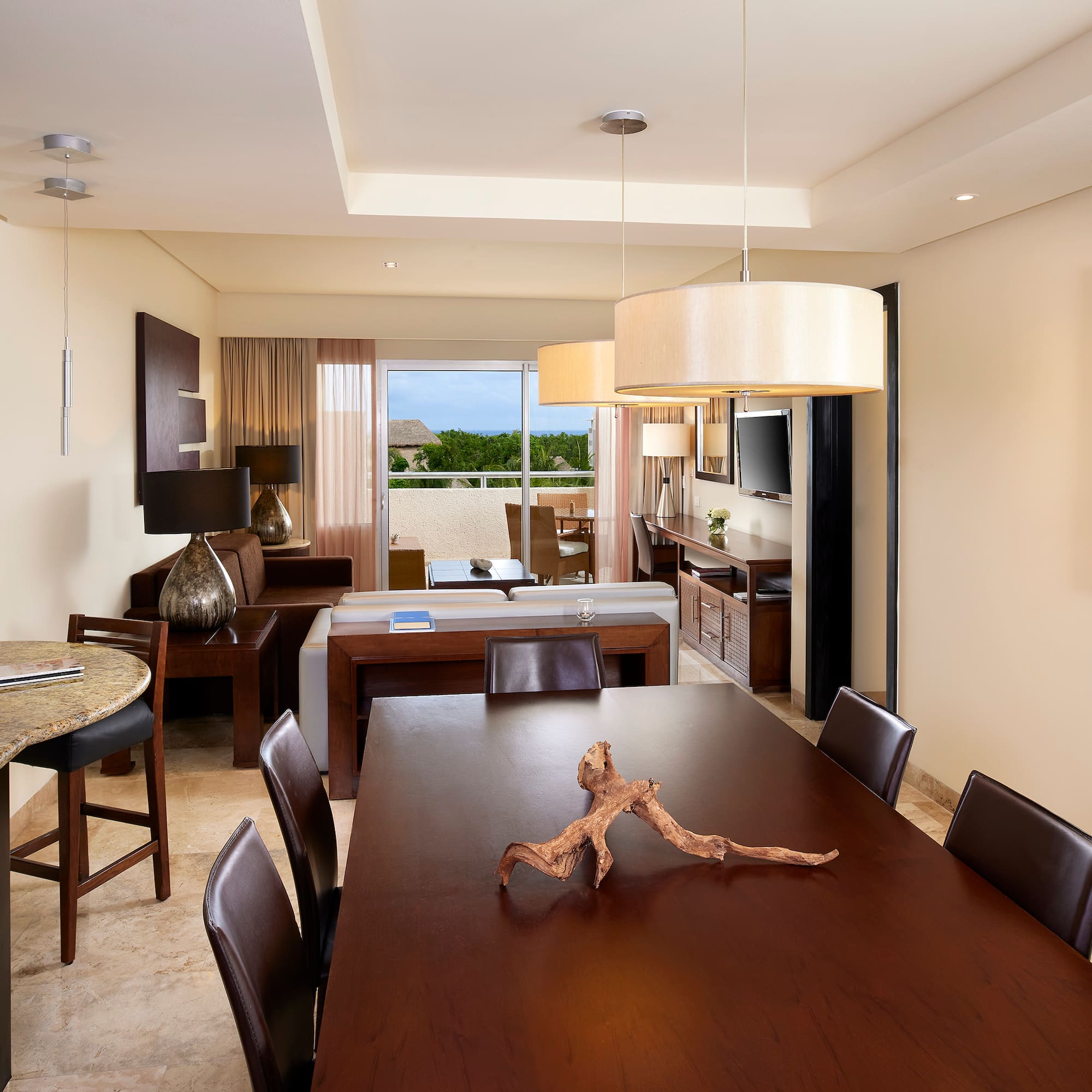 a room with a table and chairs