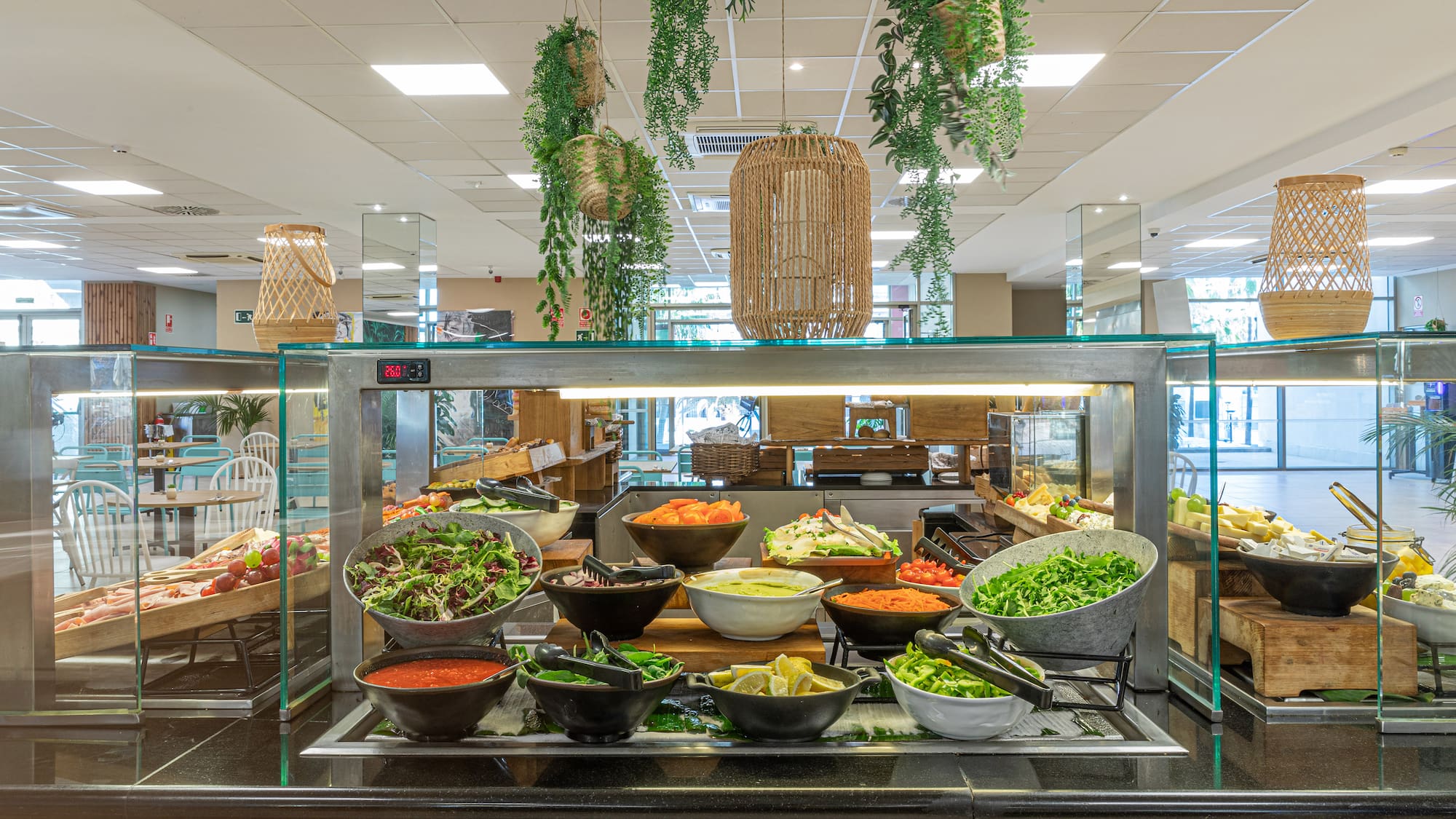 a buffet with bowls of food