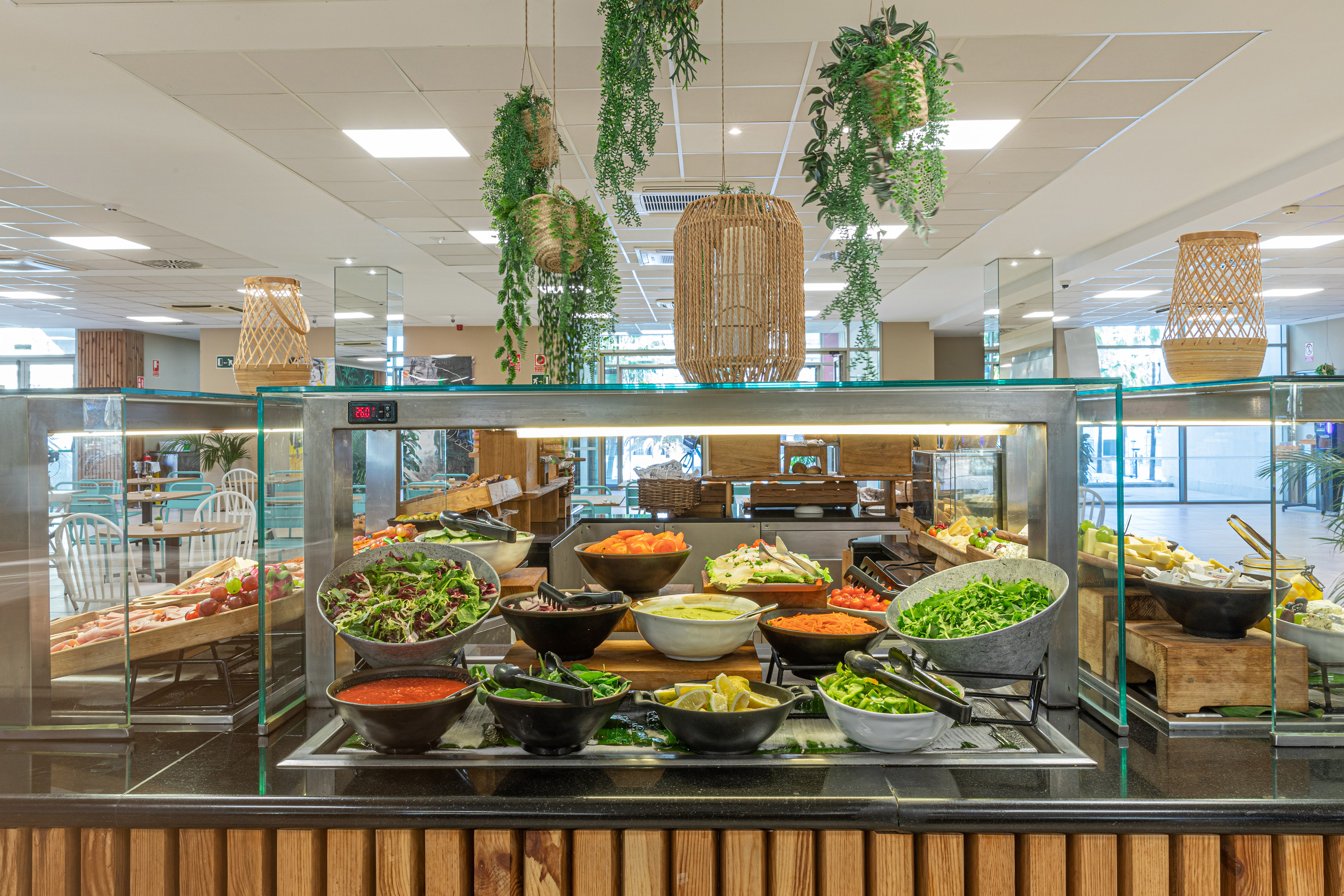 Hotel buffet salad bar, fresh greens, vegetables, and toppings.
