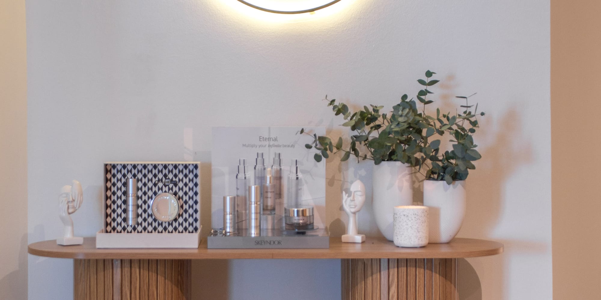 a table with a sign above it