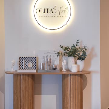a table with a sign above it