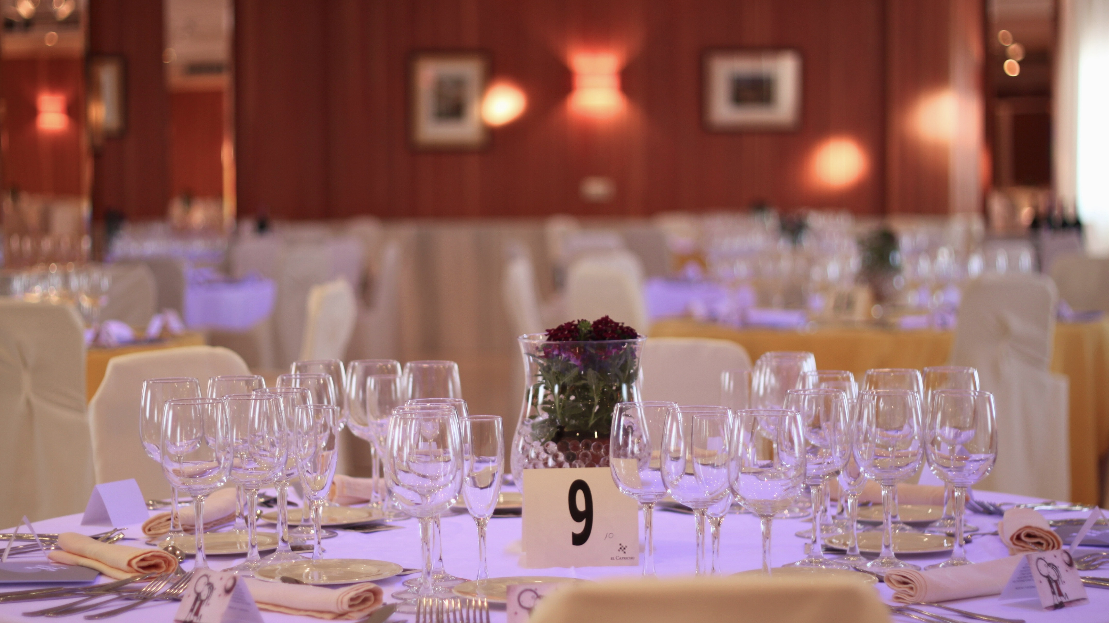 Banquet table set with glasses, floral centerpiece, table 9, formal event.