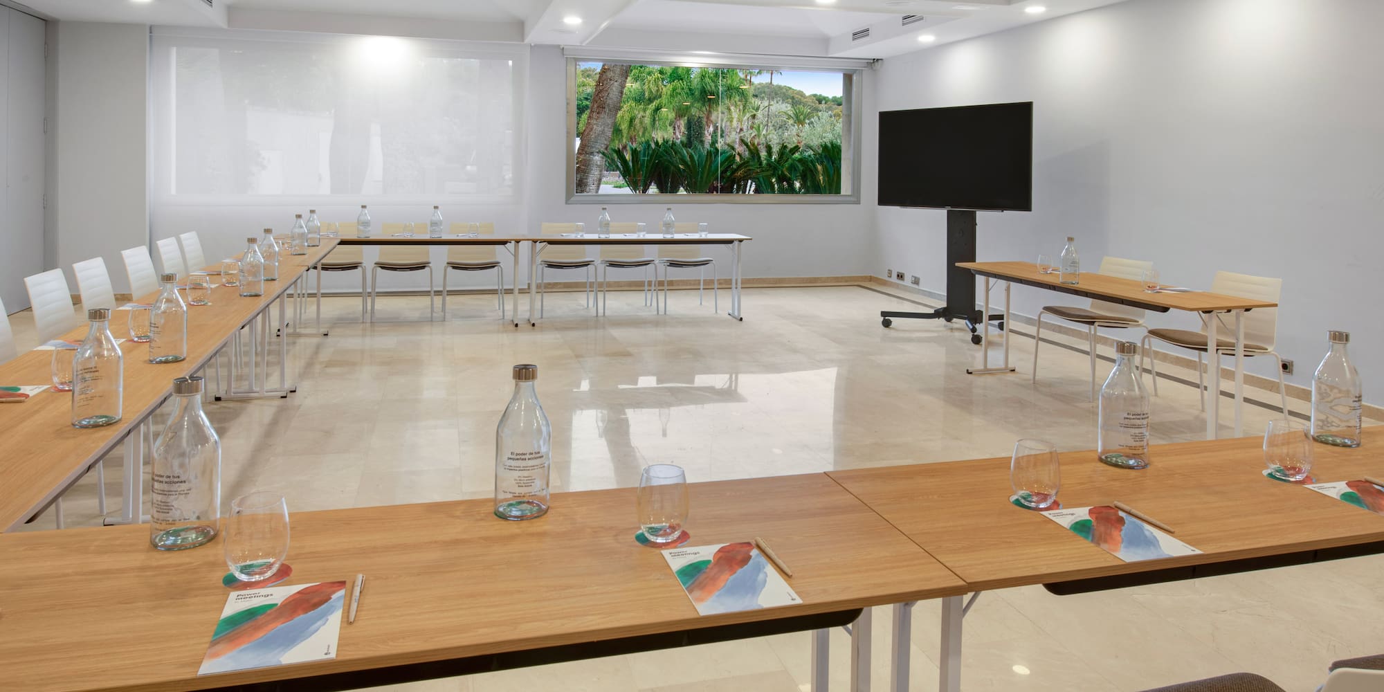 a room with tables and chairs