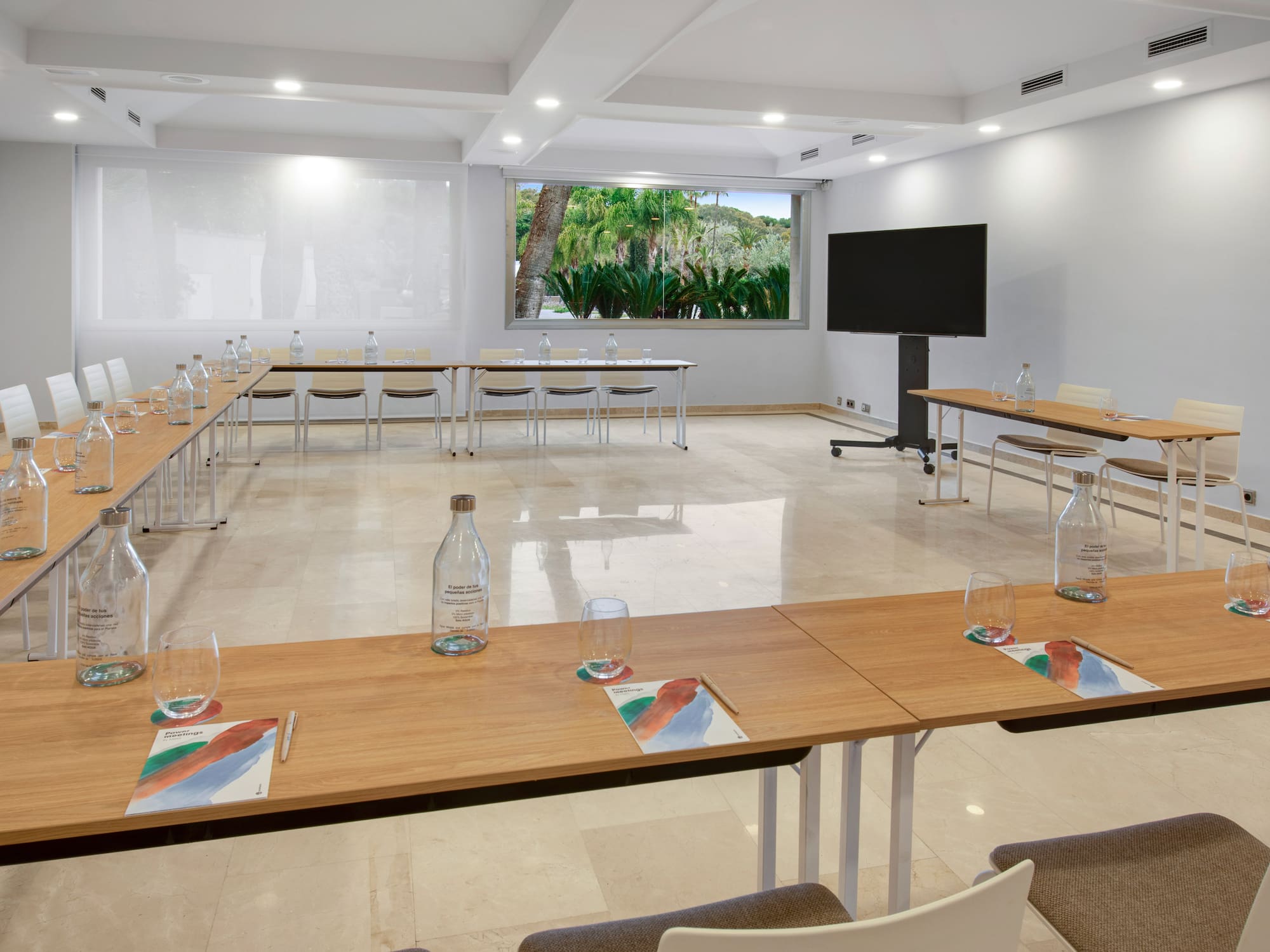 a room with tables and chairs