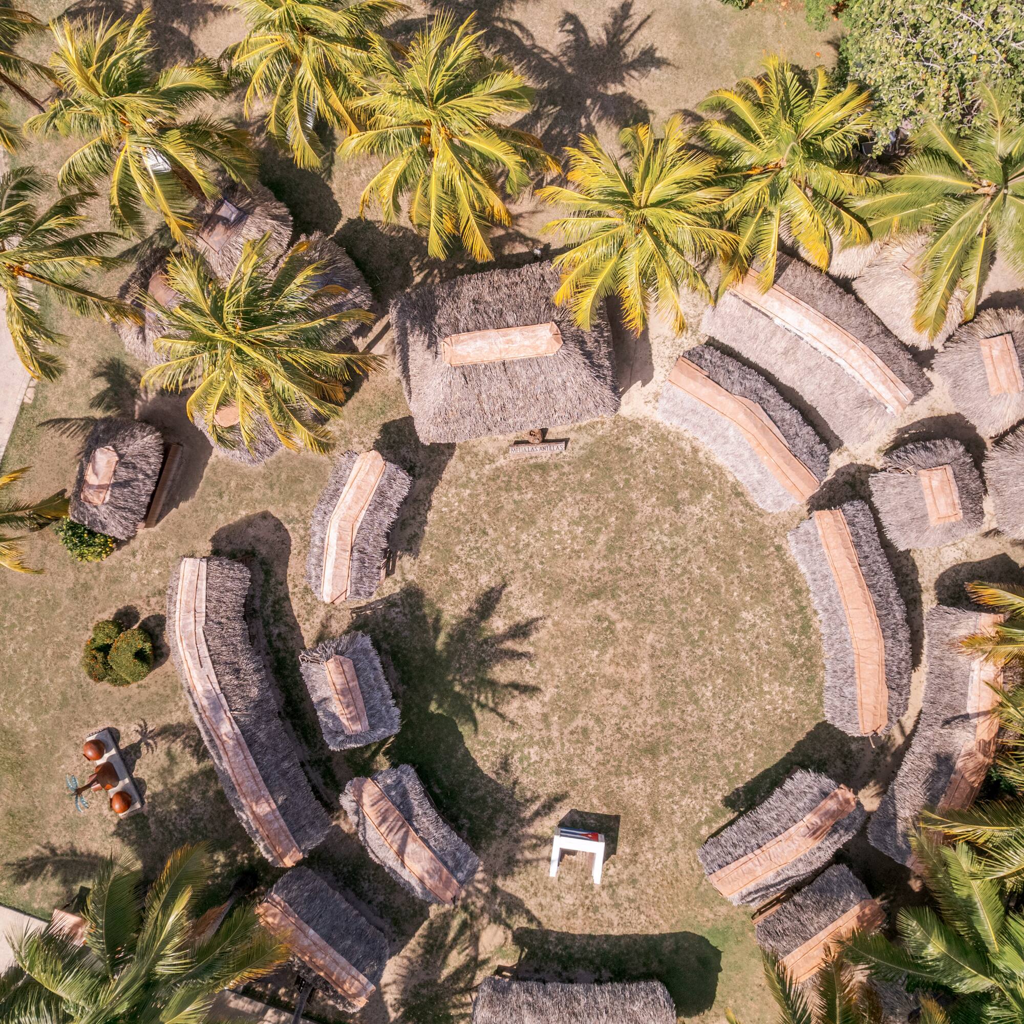 a circular area with straw huts and palm trees