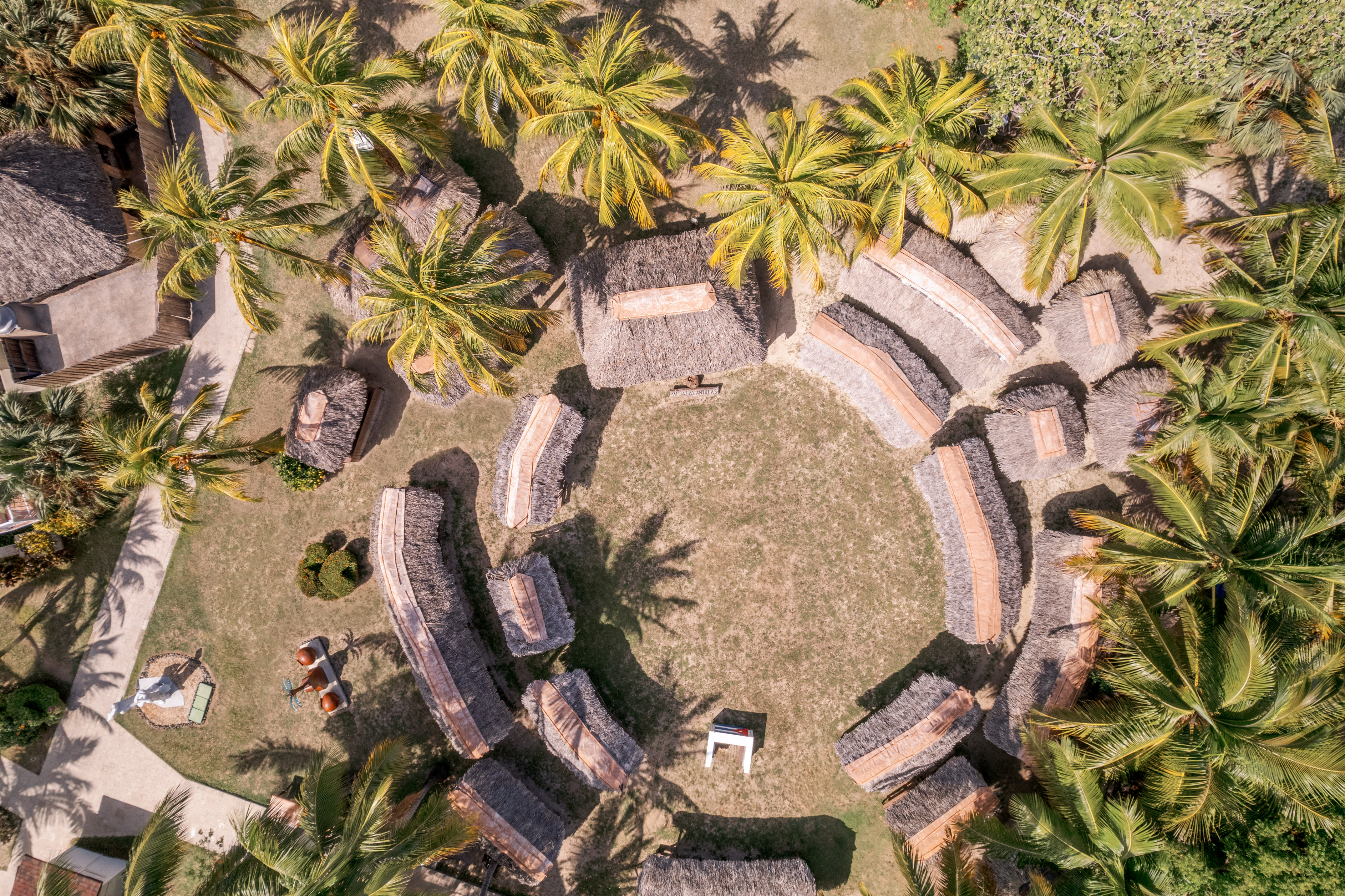 a circular area with straw huts and palm trees