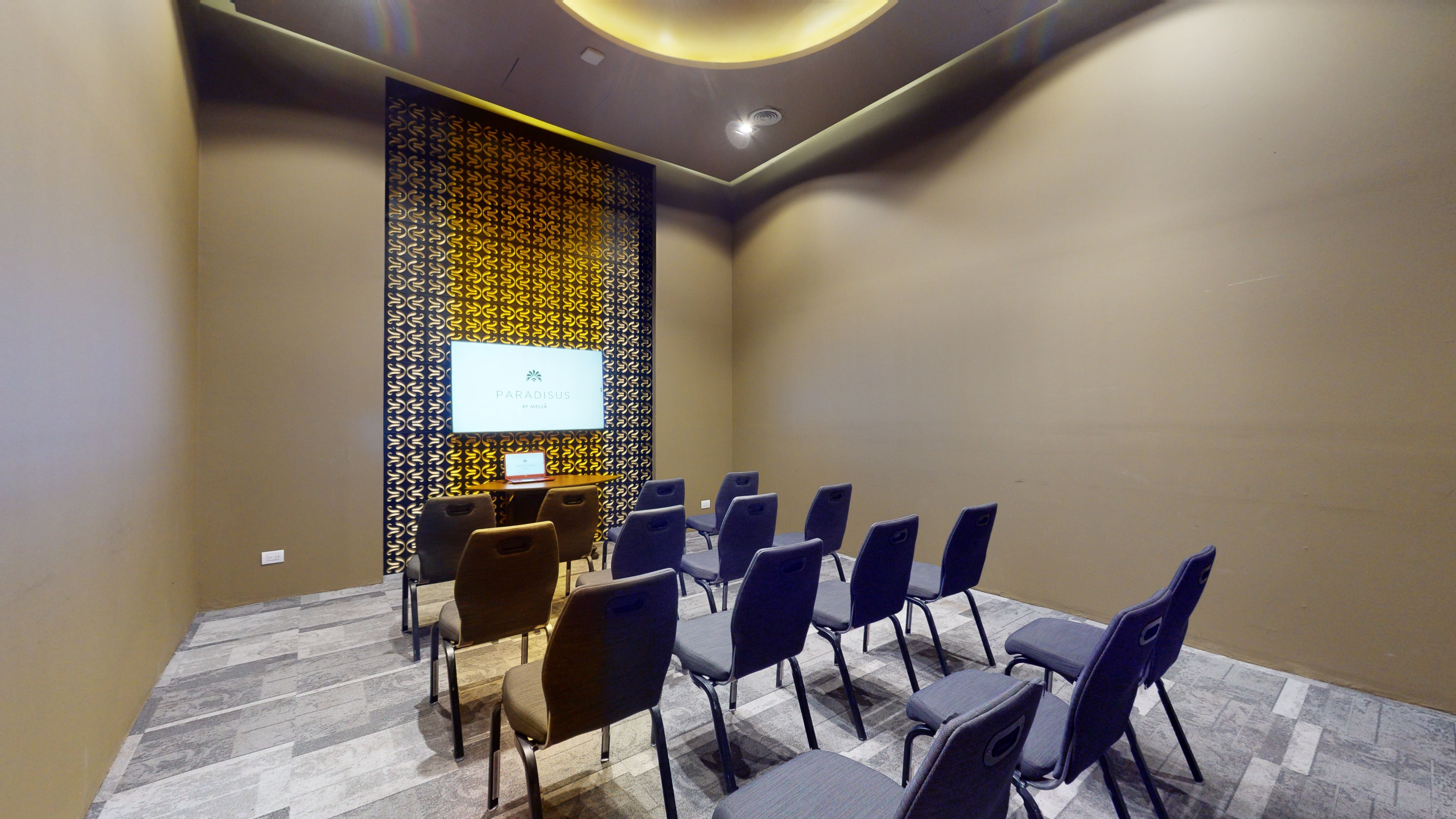 Hotel meeting room with Paradiscus screen, rows of chairs, and modern decor.