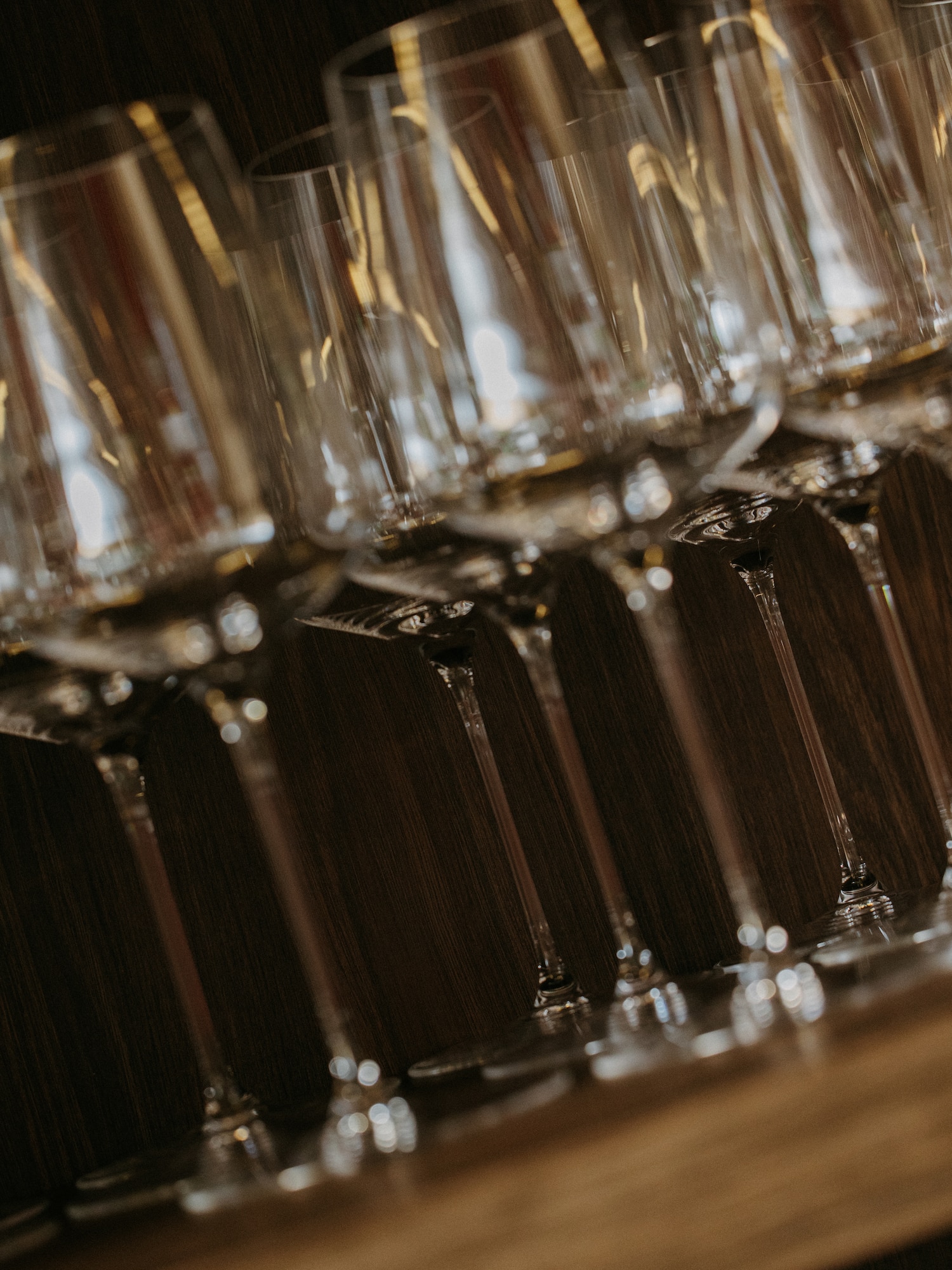 Filas de copas de cristal para vino, boca abajo en estante de madera oscuro.