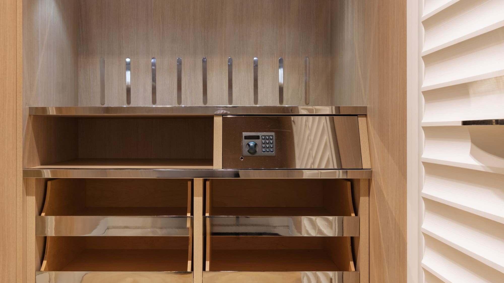 a wooden shelf with shelves and lights