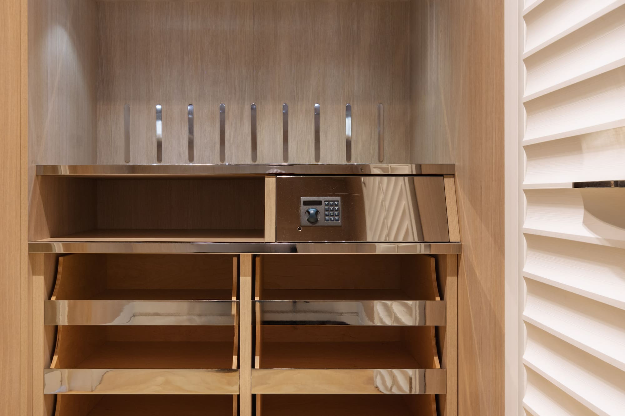 a wooden shelf with shelves and lights