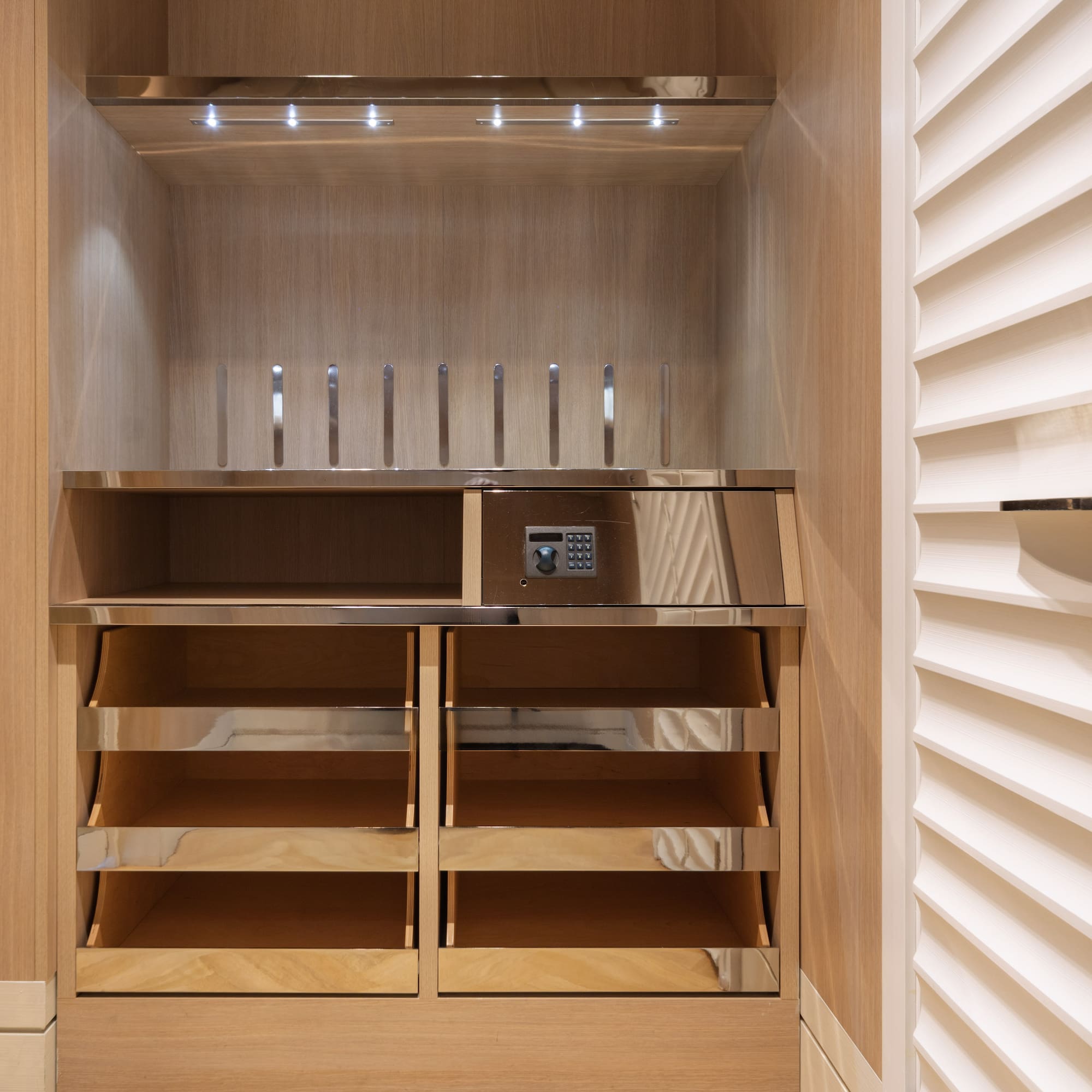 a wooden shelf with shelves and lights