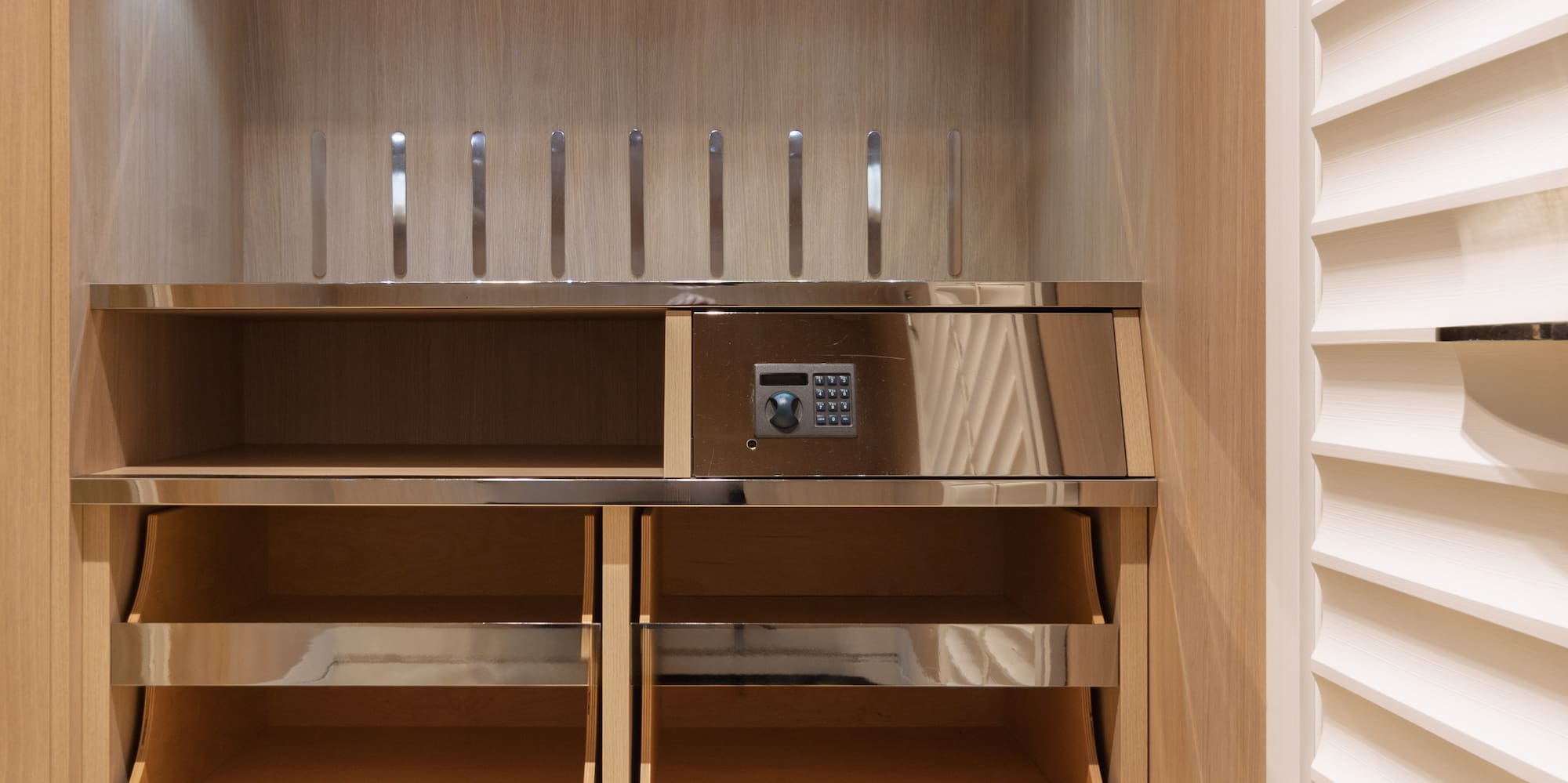 a wooden shelf with shelves and lights