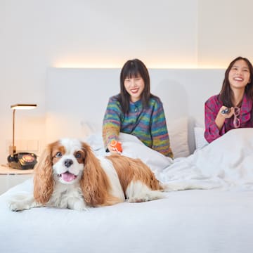 a couple of women sitting on a bed with a dog