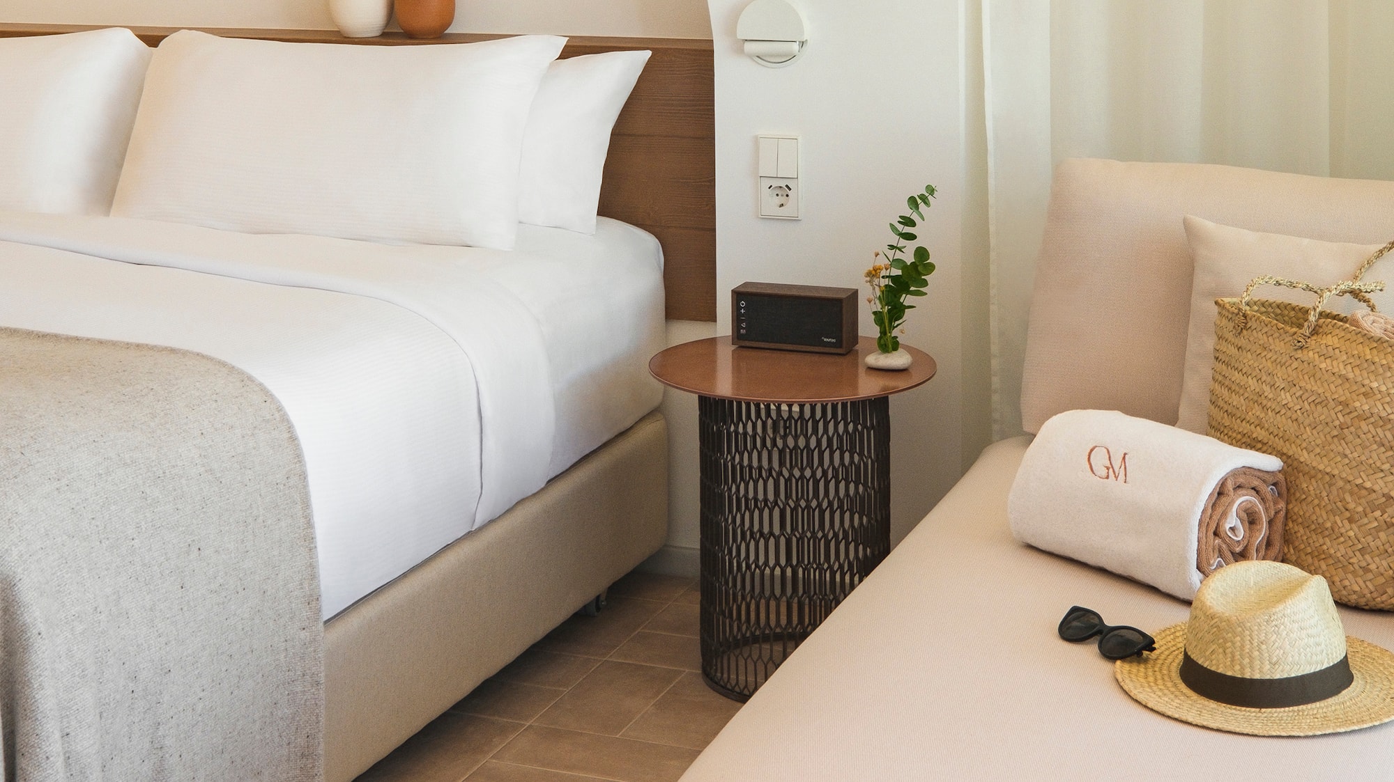 a bed and a chair in a room