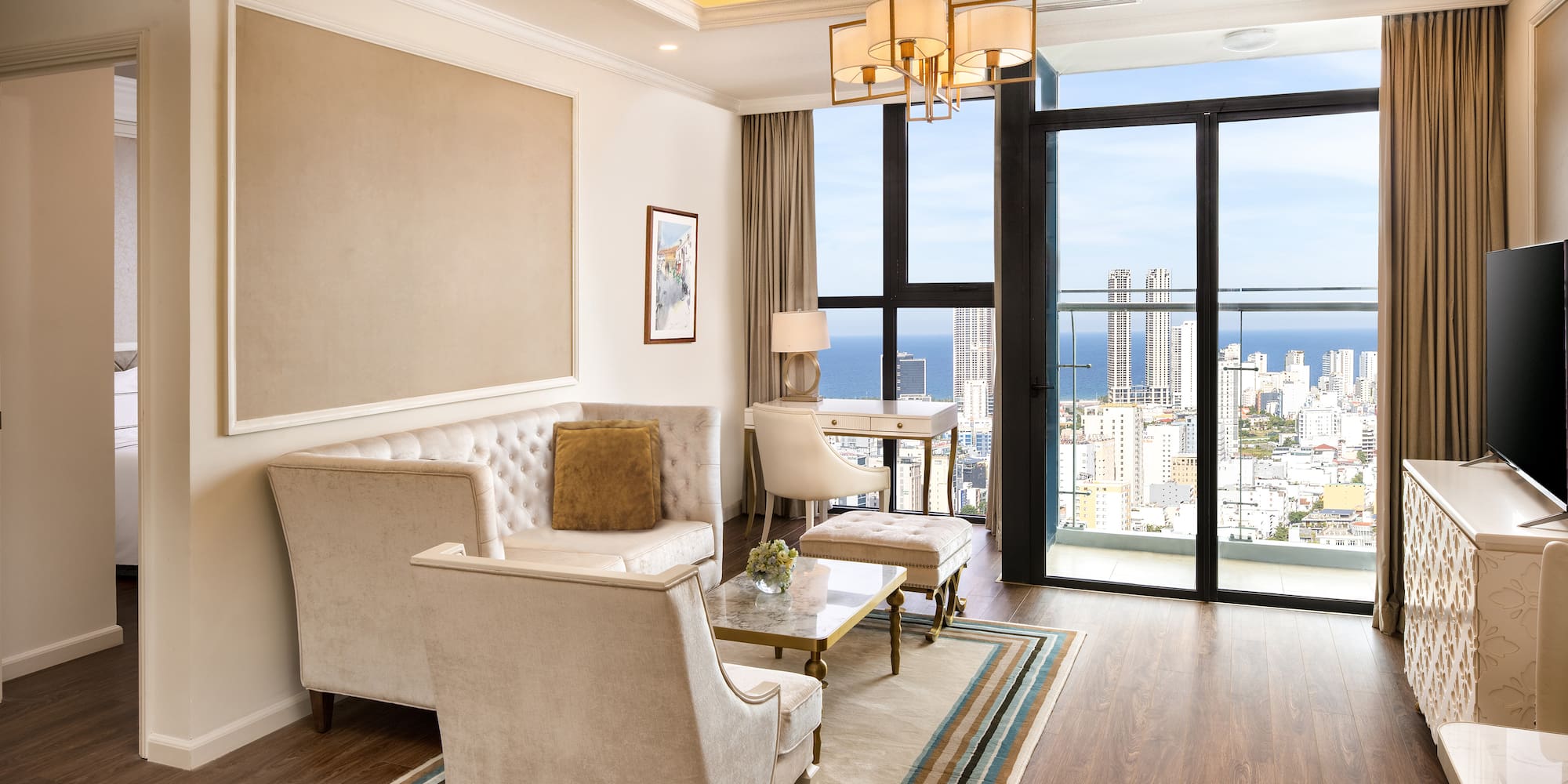 a living room with a view of a city