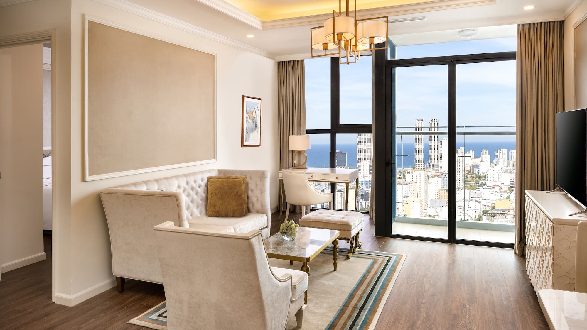 a living room with a view of a city