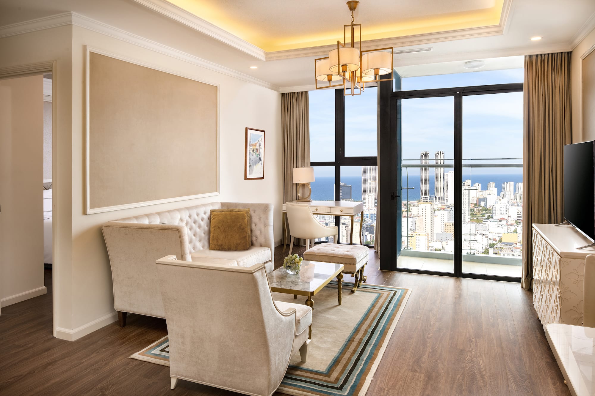 a living room with a view of a city