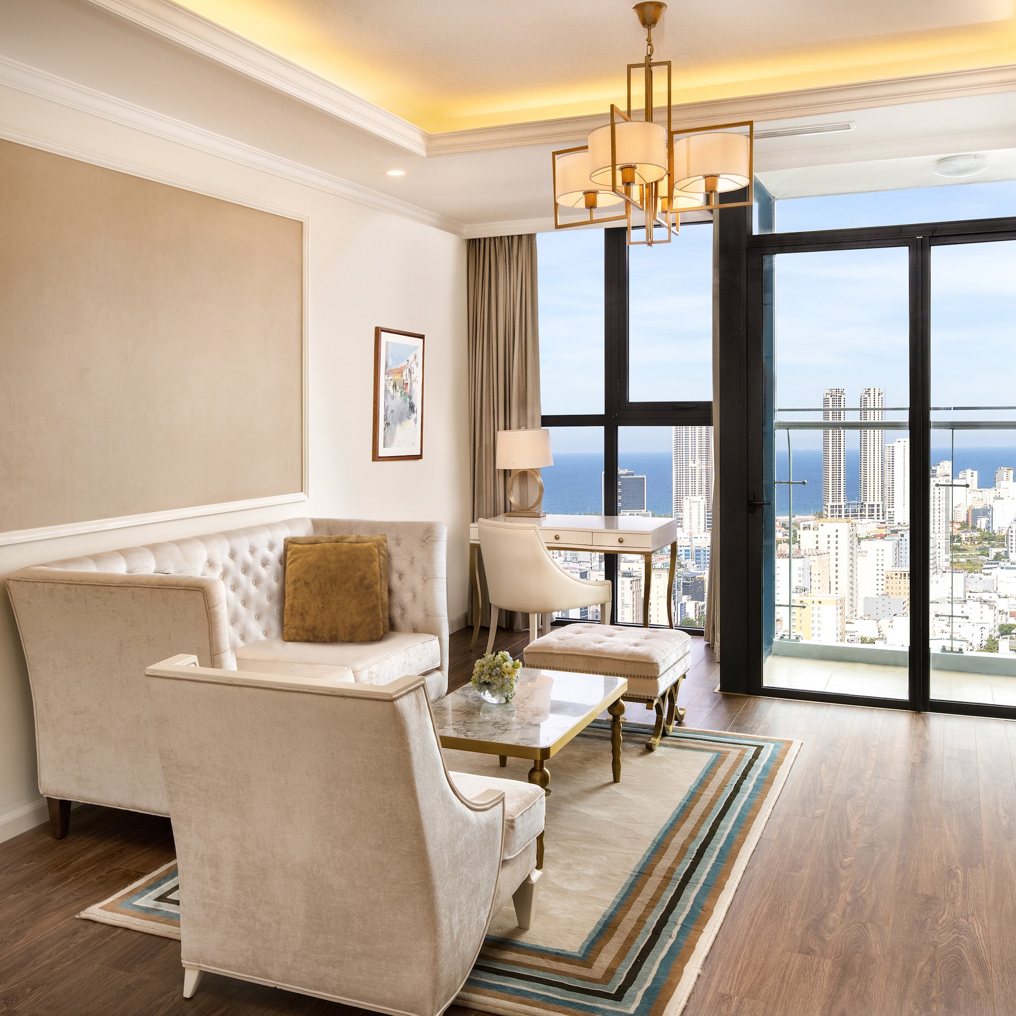 a living room with a view of a city