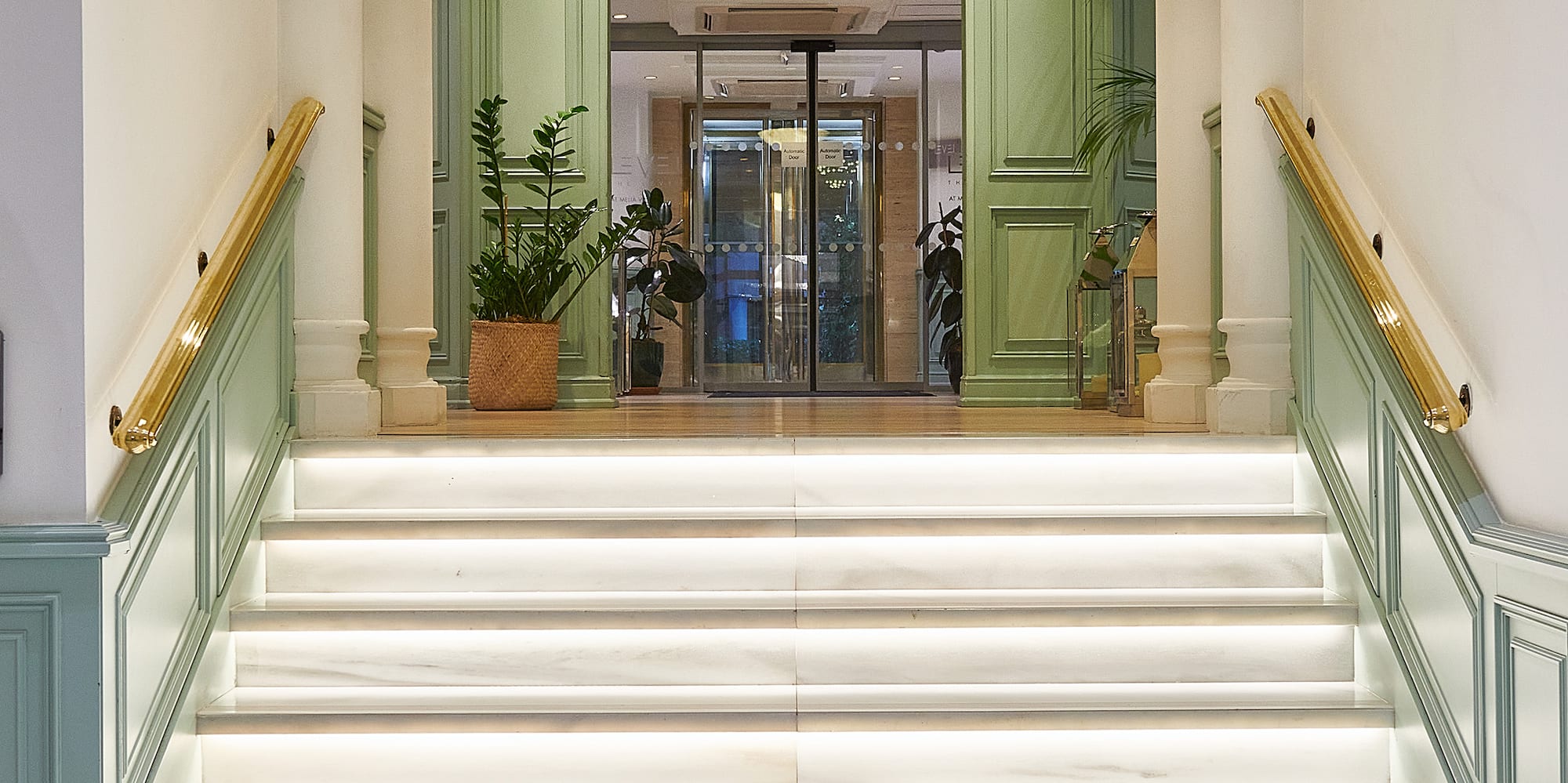 a staircase with lights on