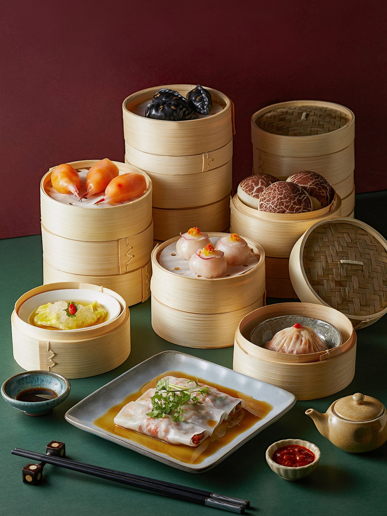 a group of dim sum containers