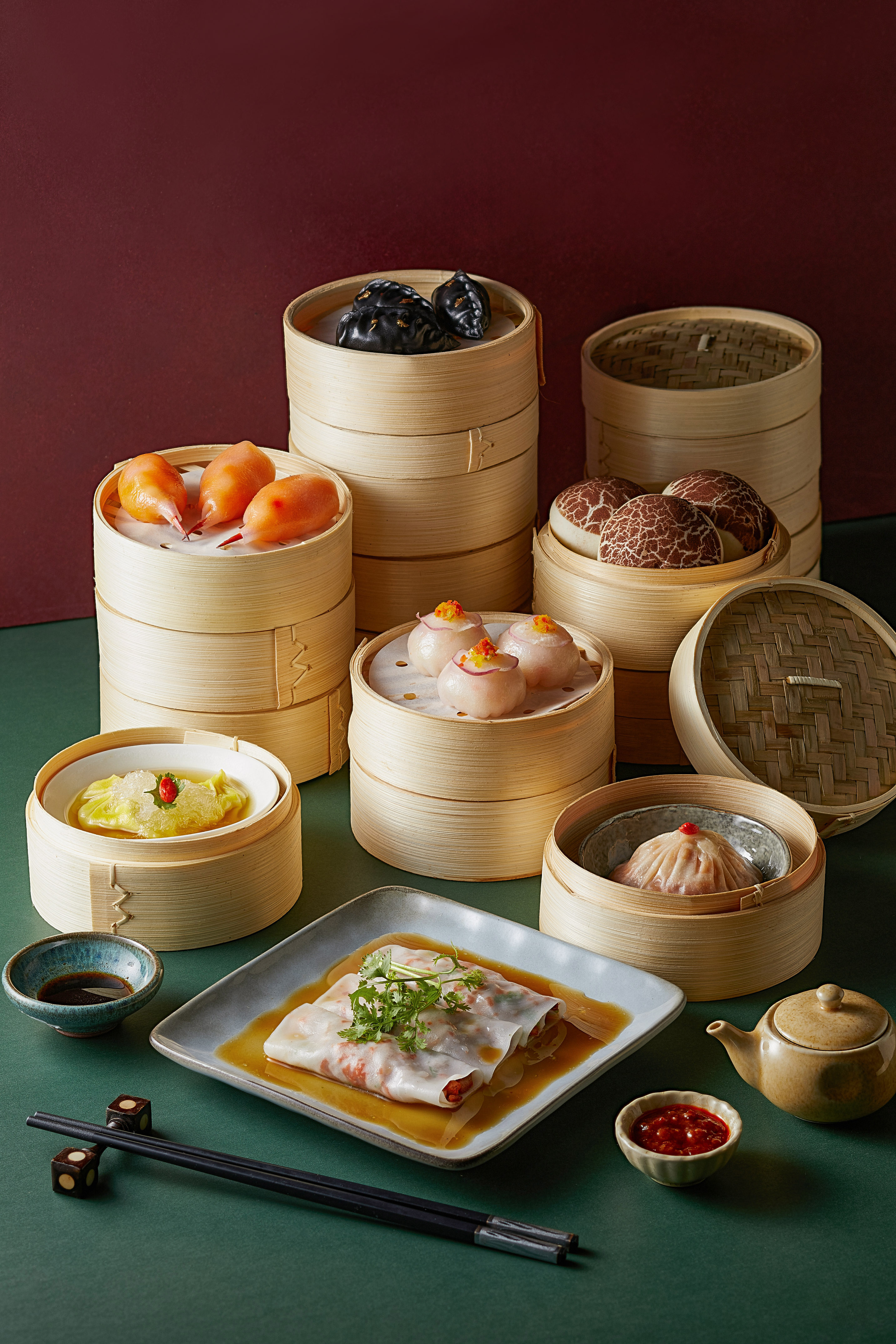 a group of dim sum containers