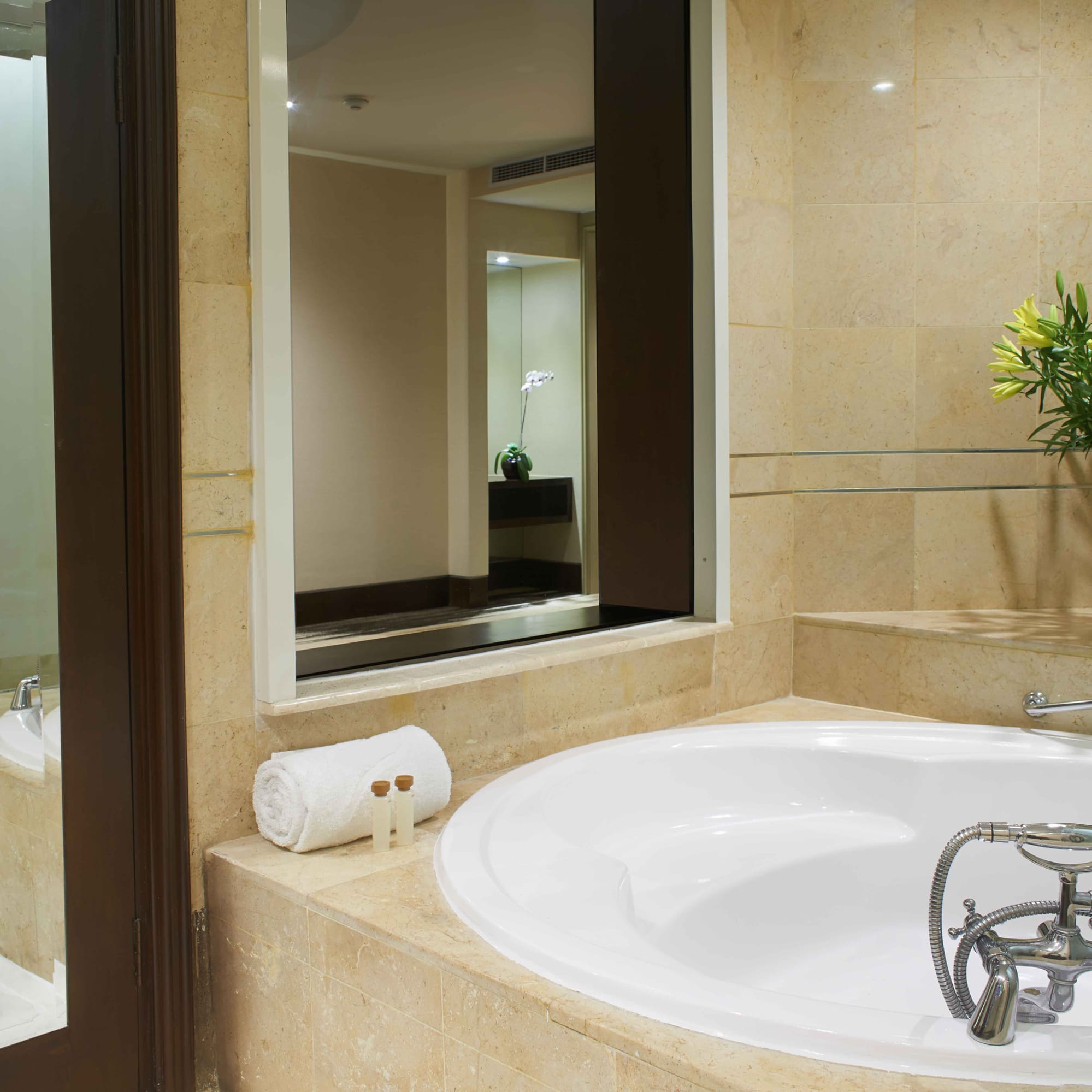 a bathroom with a large tub and a mirror