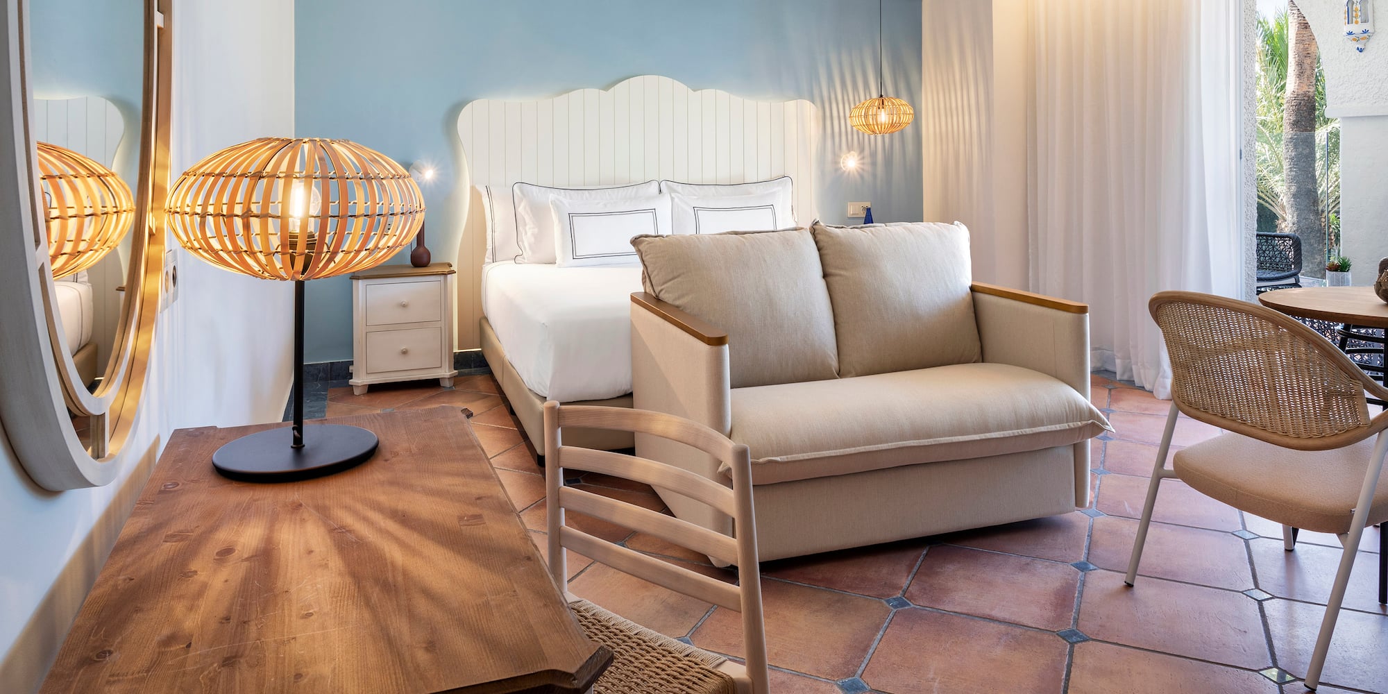 a room with a bed and a table