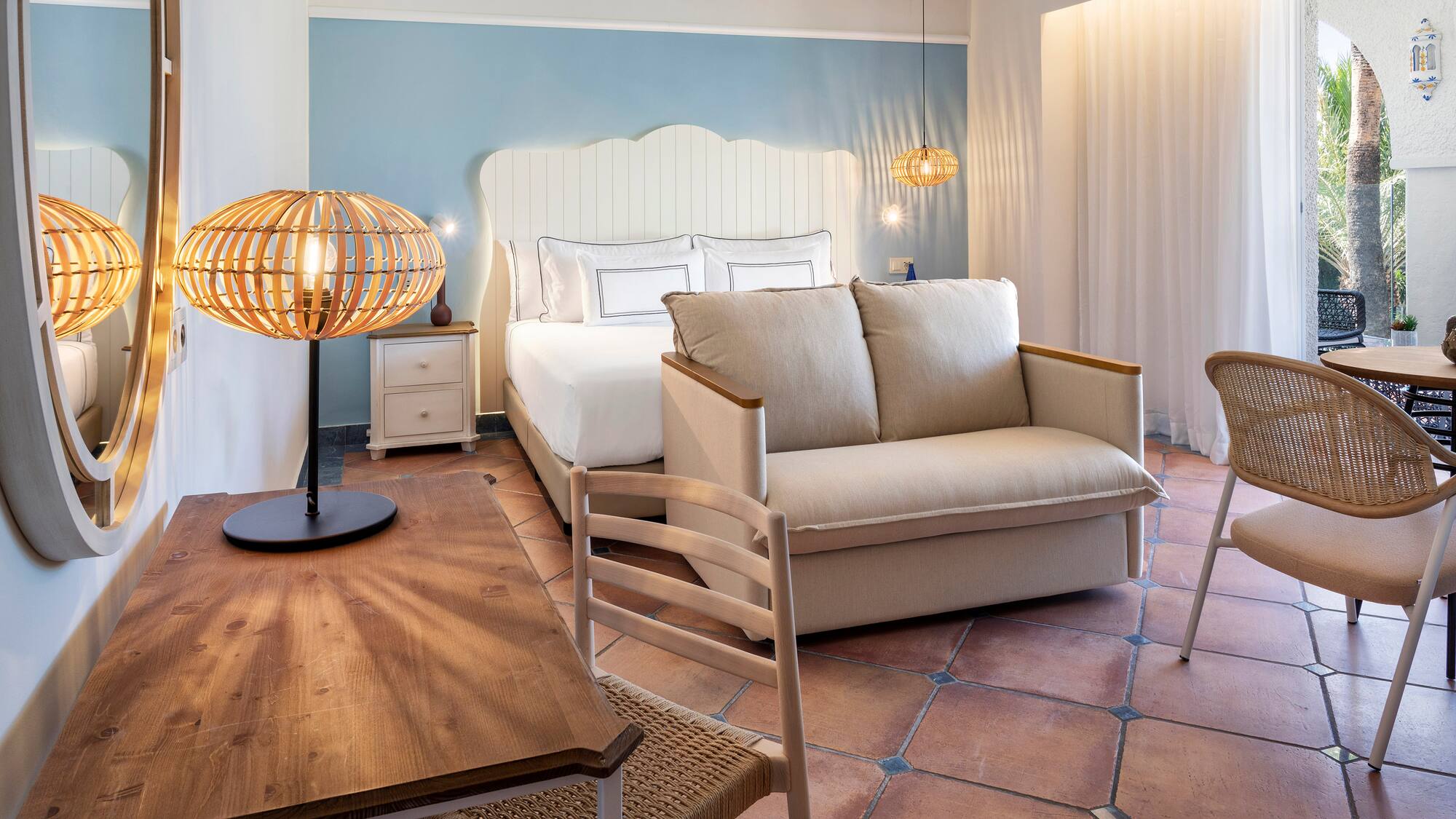 a room with a bed and a table