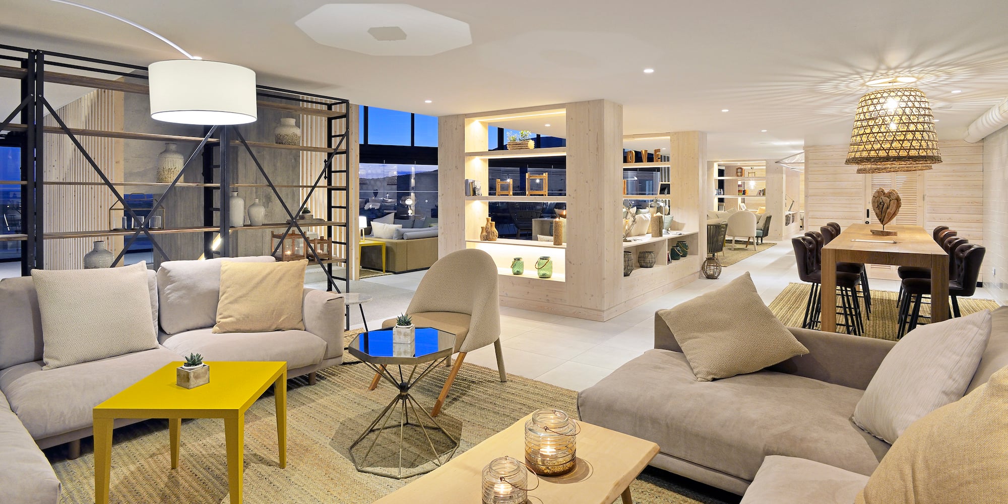 a room with a couch and a table