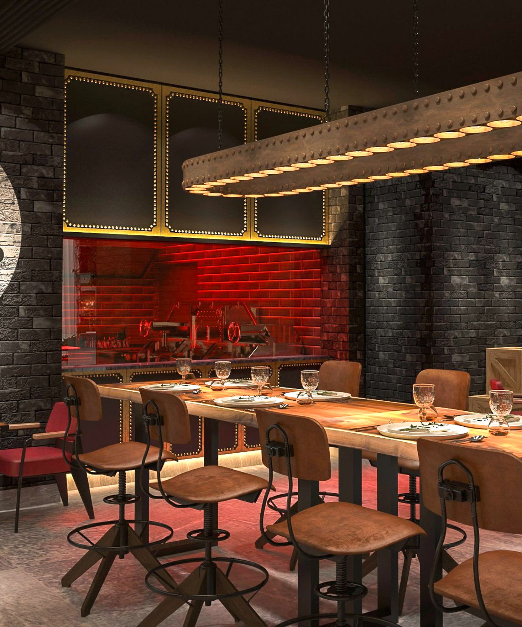 a restaurant with a long table and chairs