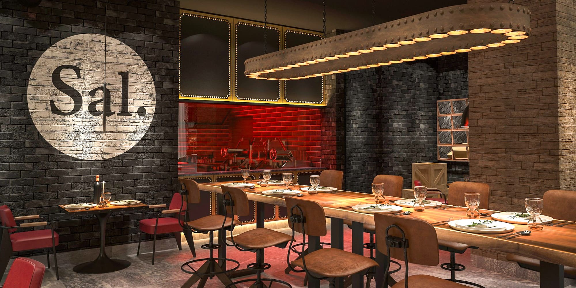 a restaurant with a long table and chairs