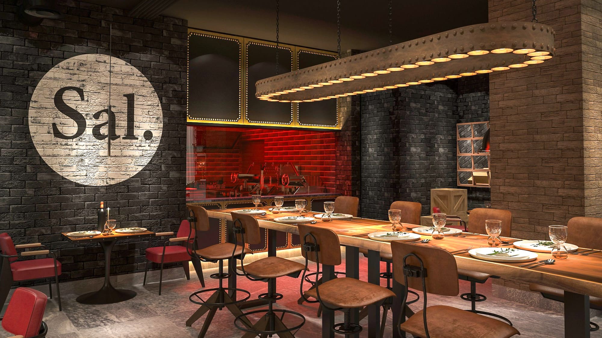 a restaurant with a long table and chairs